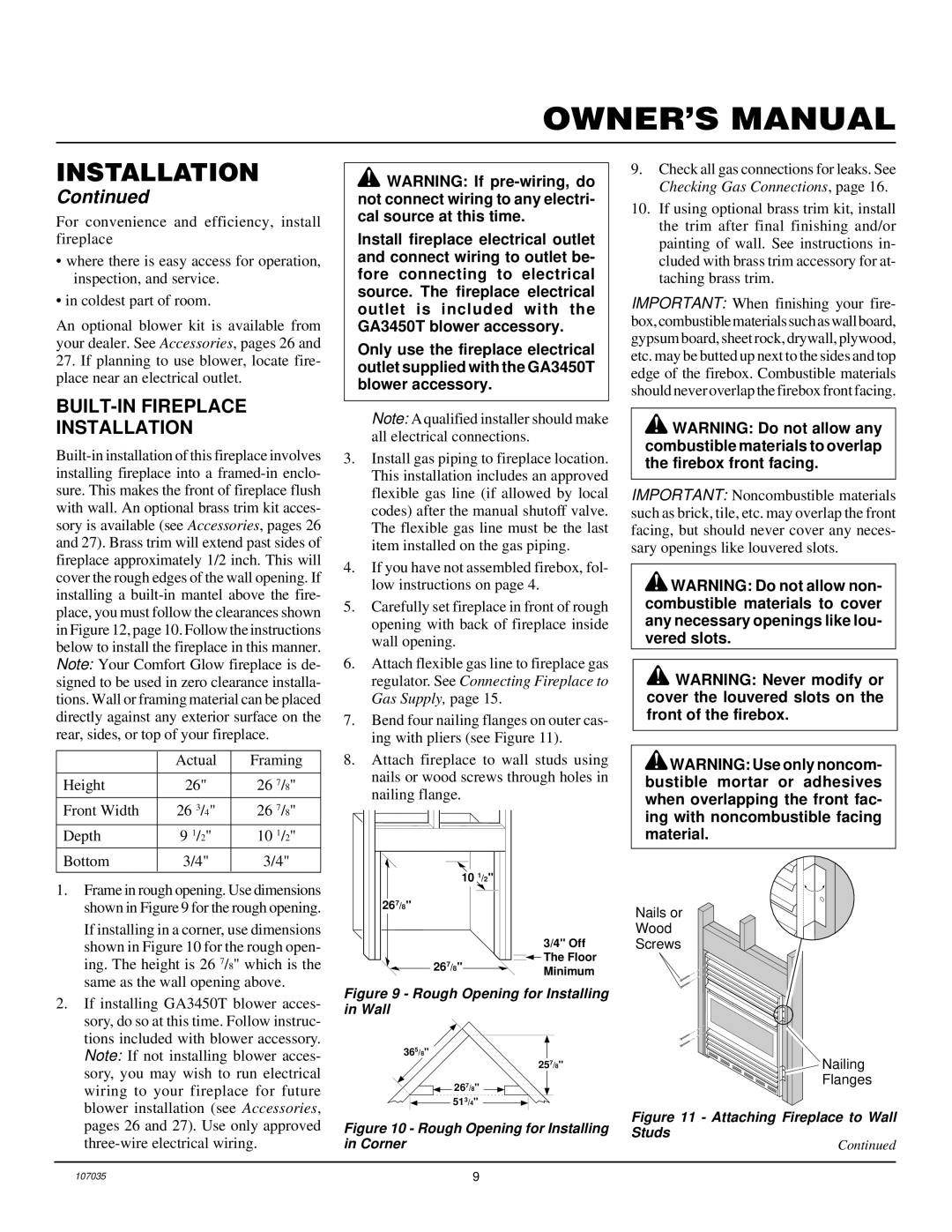 Desa CGCFTN installation manual BUILT-IN Fireplace Installation, Rough Opening for Installing in Wall 