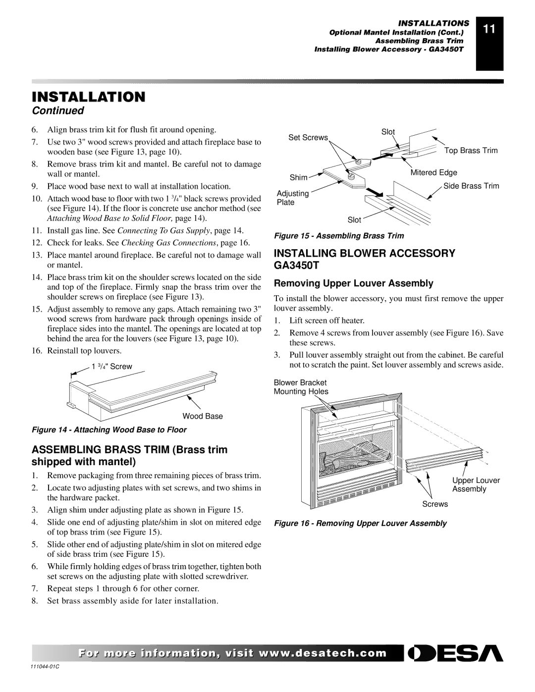 Desa CGCFTP CGCFTN installation manual Installing Blower Accessory GA3450T, Removing Upper Louver Assembly 