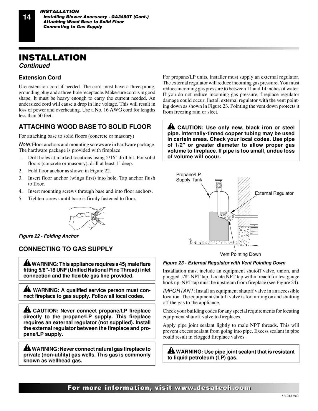 Desa CGCFTP CGCFTN installation manual Attaching Wood Base to Solid Floor, Connecting to GAS Supply, Extension Cord 