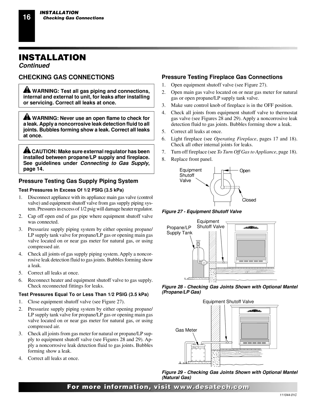 Desa CGCFTP CGCFTN installation manual Checking GAS Connections, Pressure Testing Gas Supply Piping System 