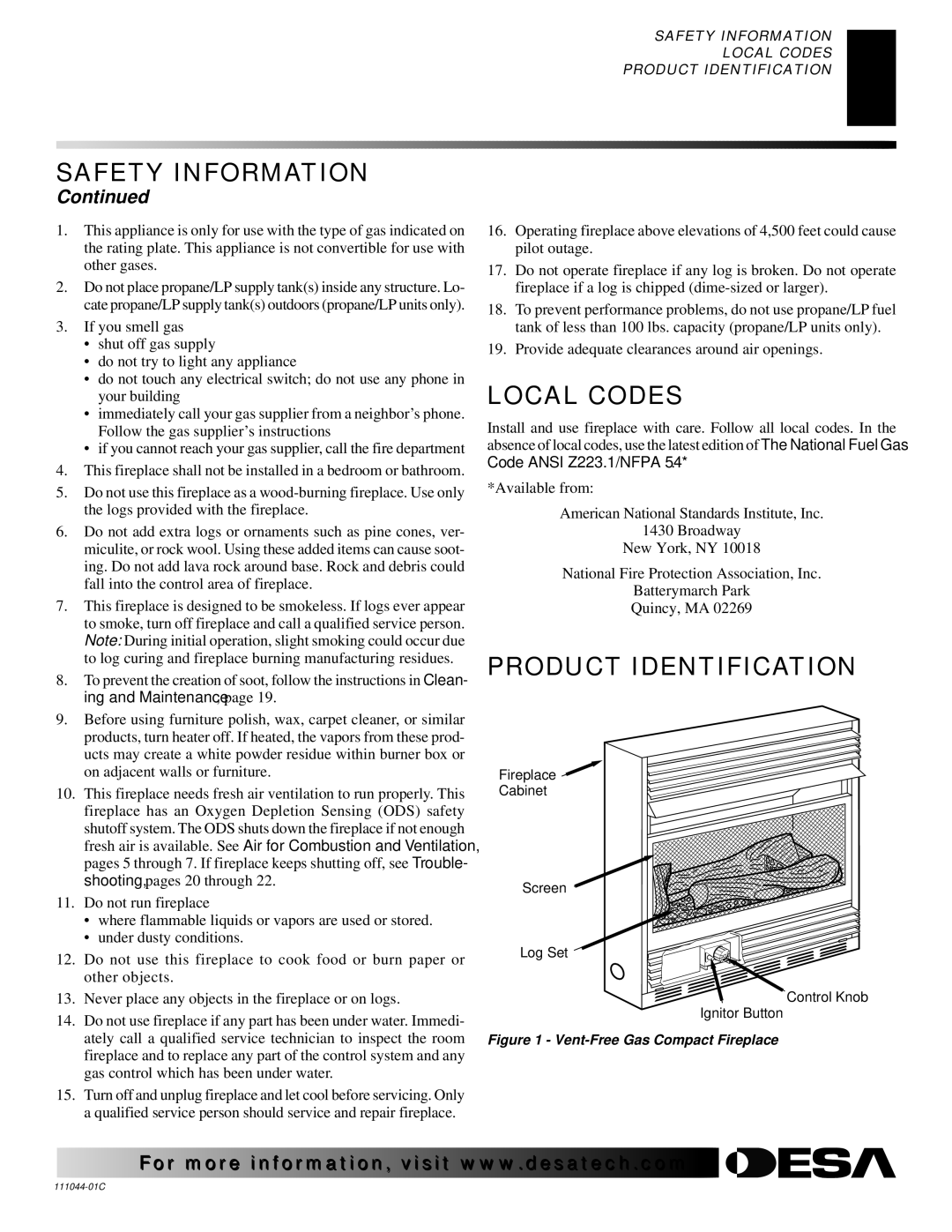 Desa CGCFTP CGCFTN installation manual Local Codes, Product Identification 