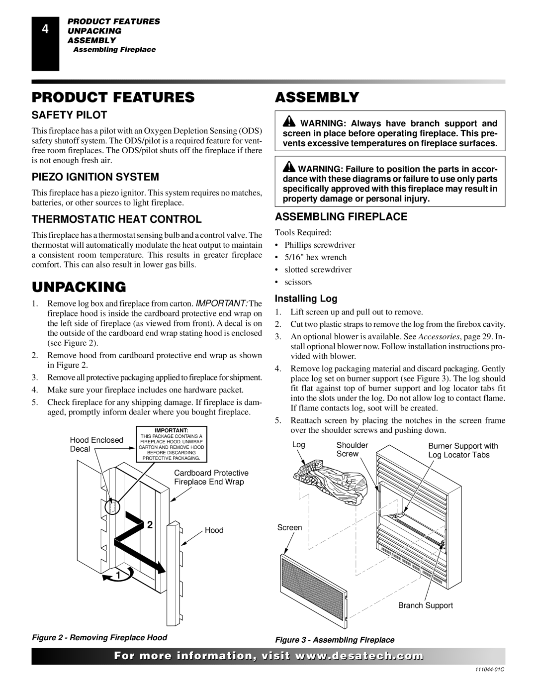 Desa CGCFTP CGCFTN installation manual Product Features, Assembly, Unpacking 