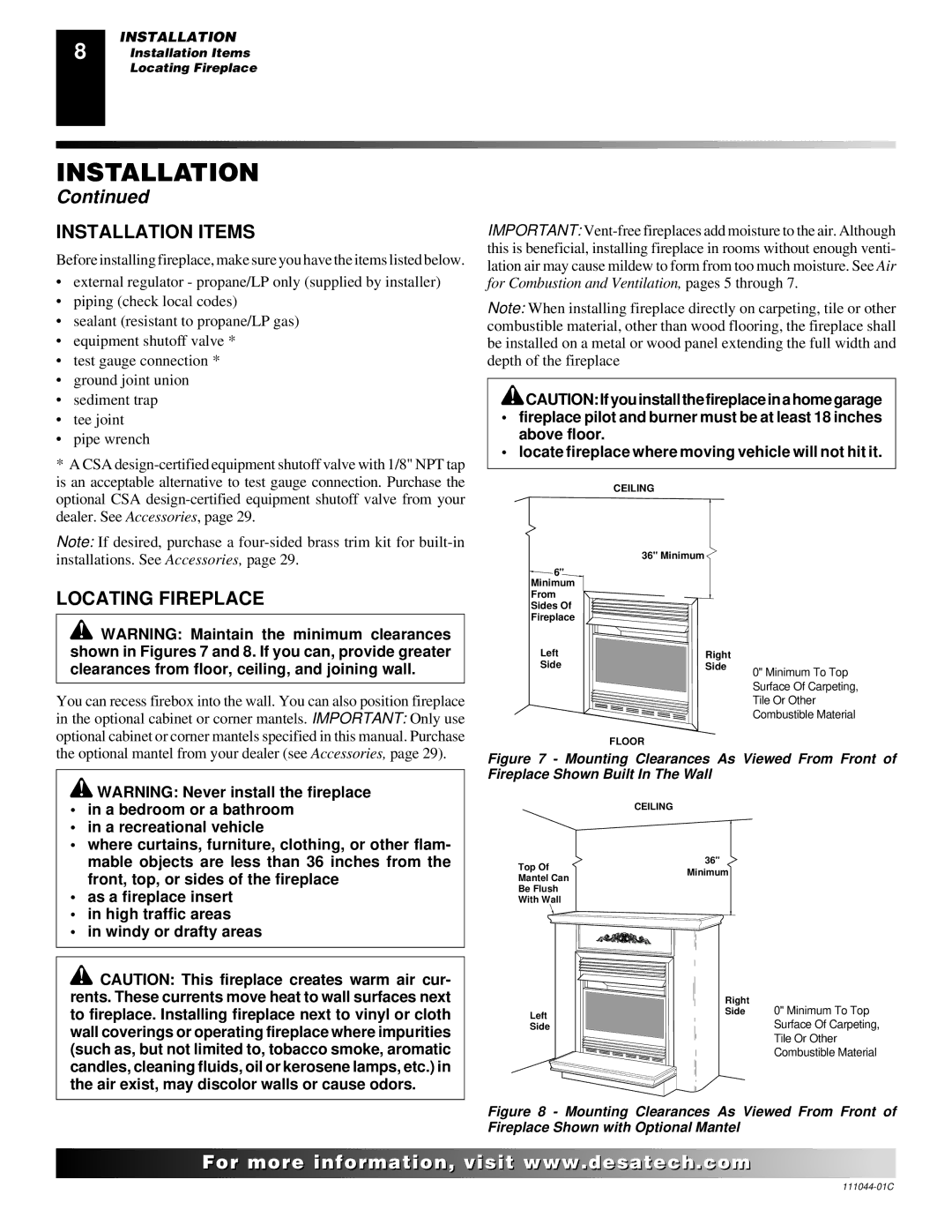 Desa CGCFTP CGCFTN installation manual Installation Items, Locating Fireplace 