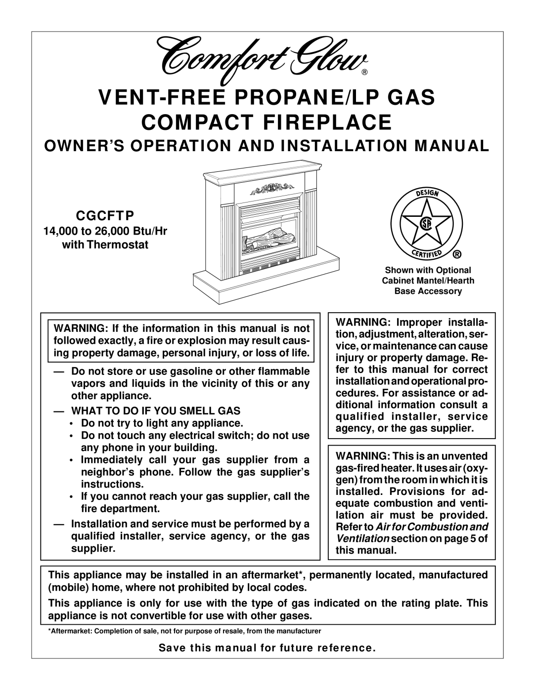 Desa CGCFTP installation manual VENT-FREE PROPANE/LP GAS Compact Fireplace, What to do if YOU Smell GAS 