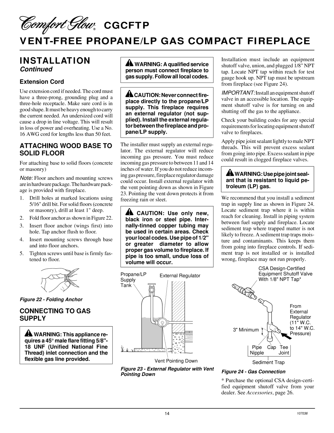 Desa CGCFTP installation manual Attaching Wood Base to Solid Floor, Connecting to GAS Supply, Extension Cord 