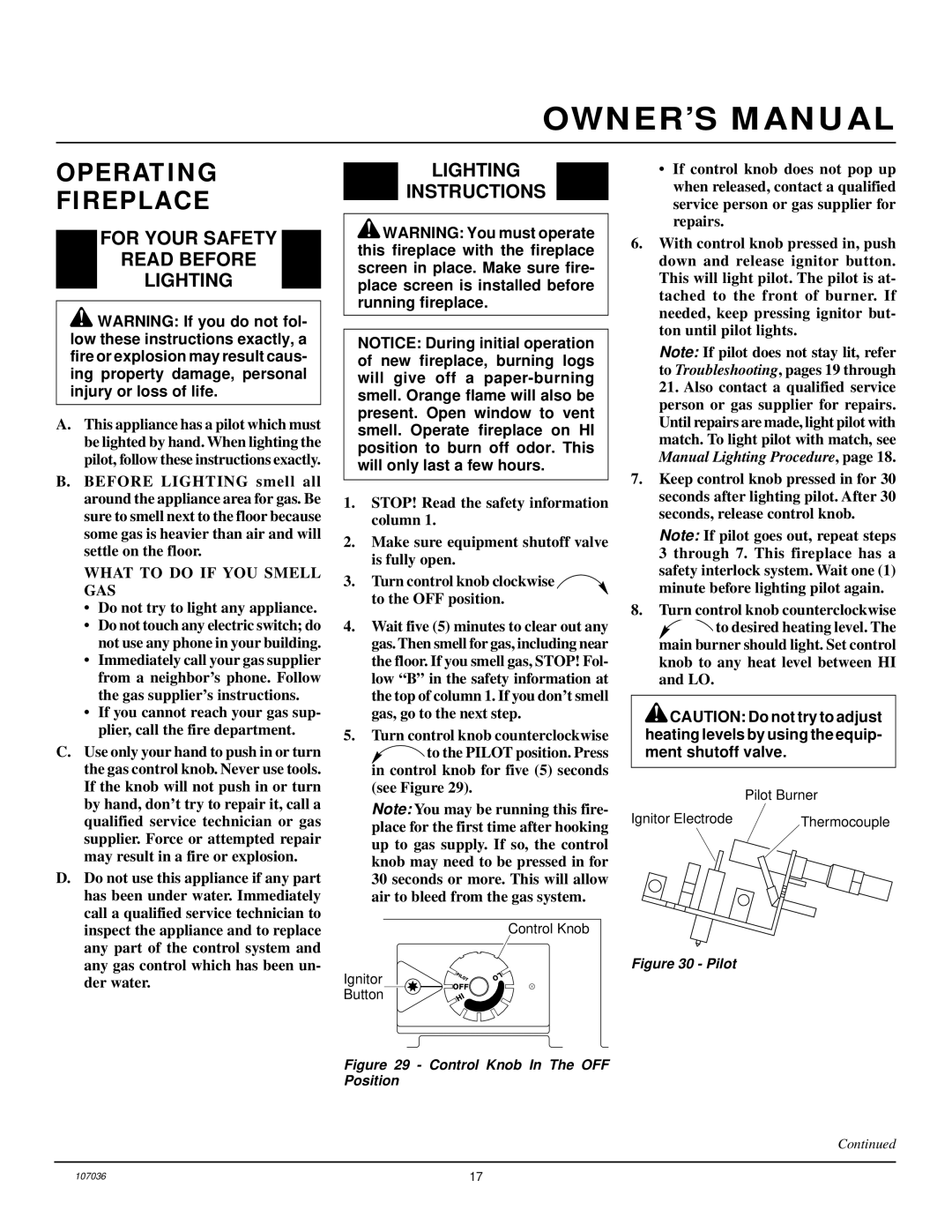 Desa CGCFTP installation manual Operating Fireplace, For Your Safety Read Before Lighting, Lighting Instructions 