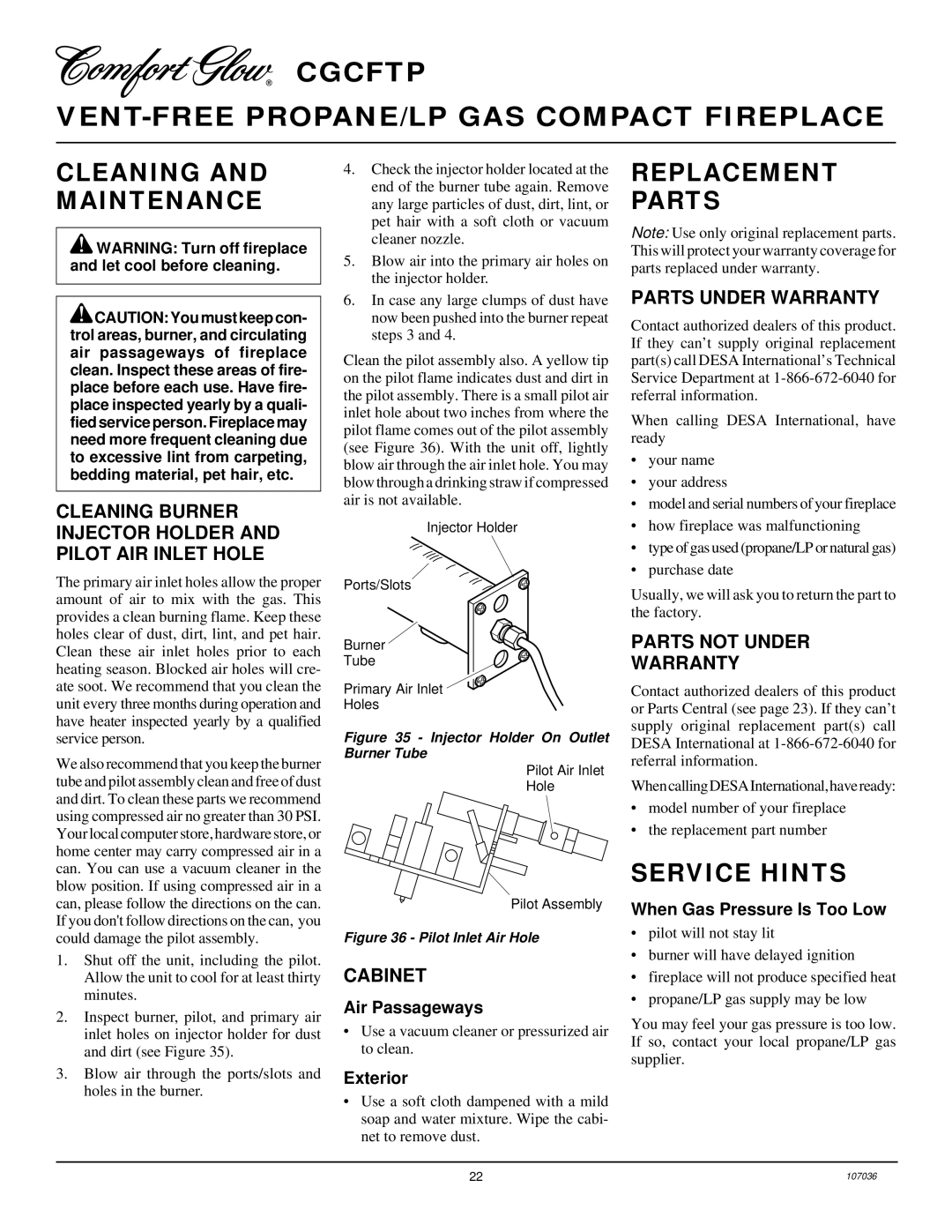 Desa CGCFTP installation manual Cleaning and Maintenance, Replacement Parts, Service Hints 