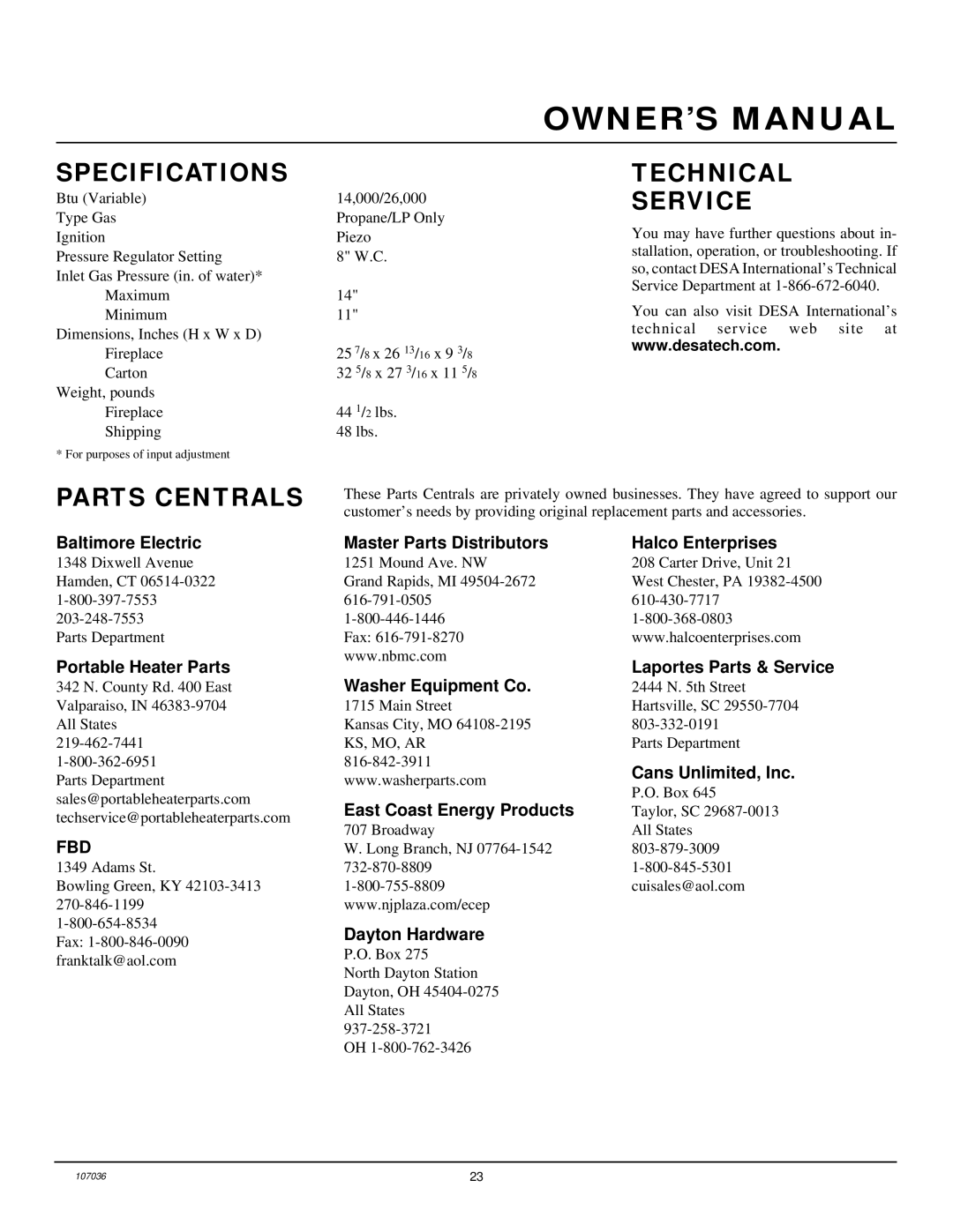 Desa CGCFTP installation manual Specifications, Technical Service, Parts Centrals 