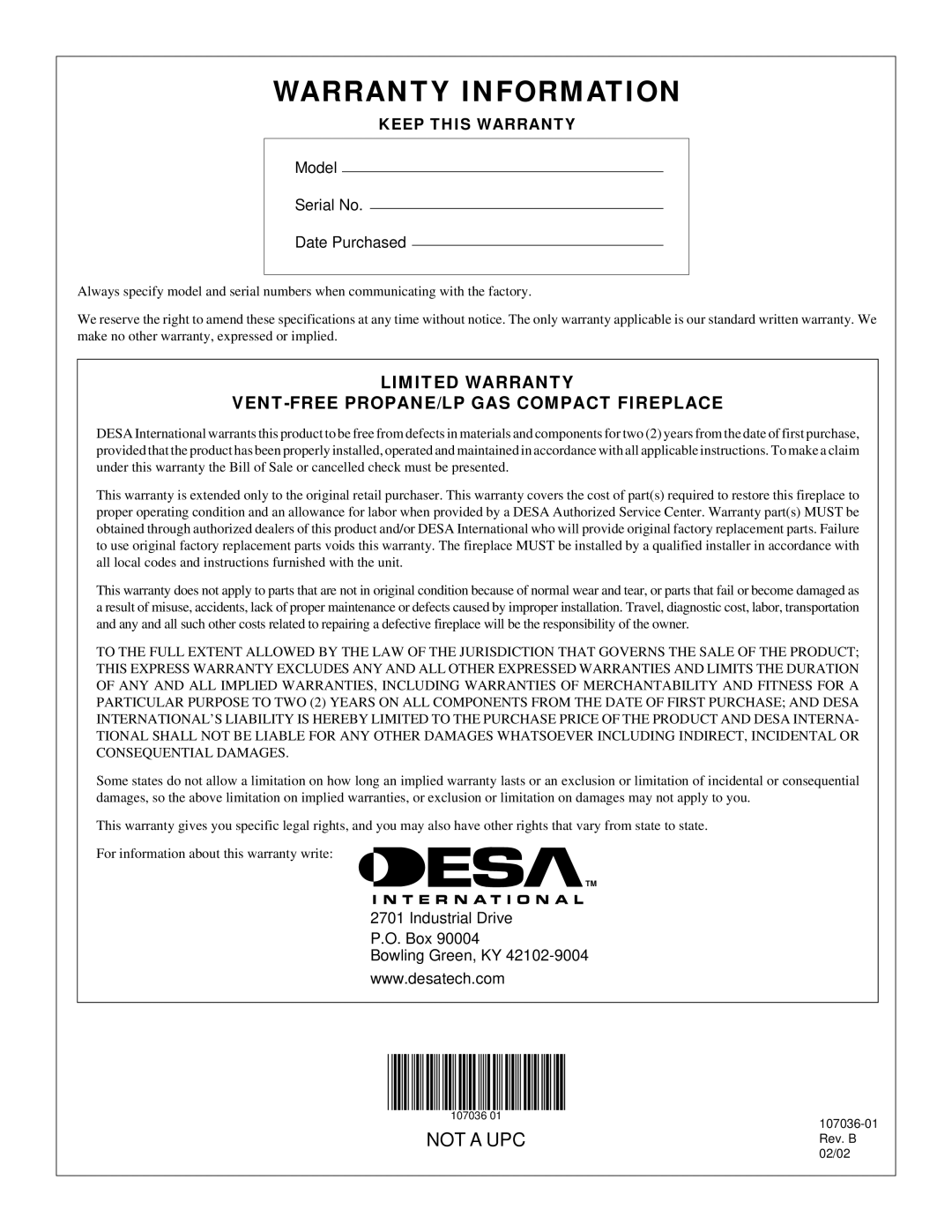 Desa CGCFTP installation manual Warranty Information 