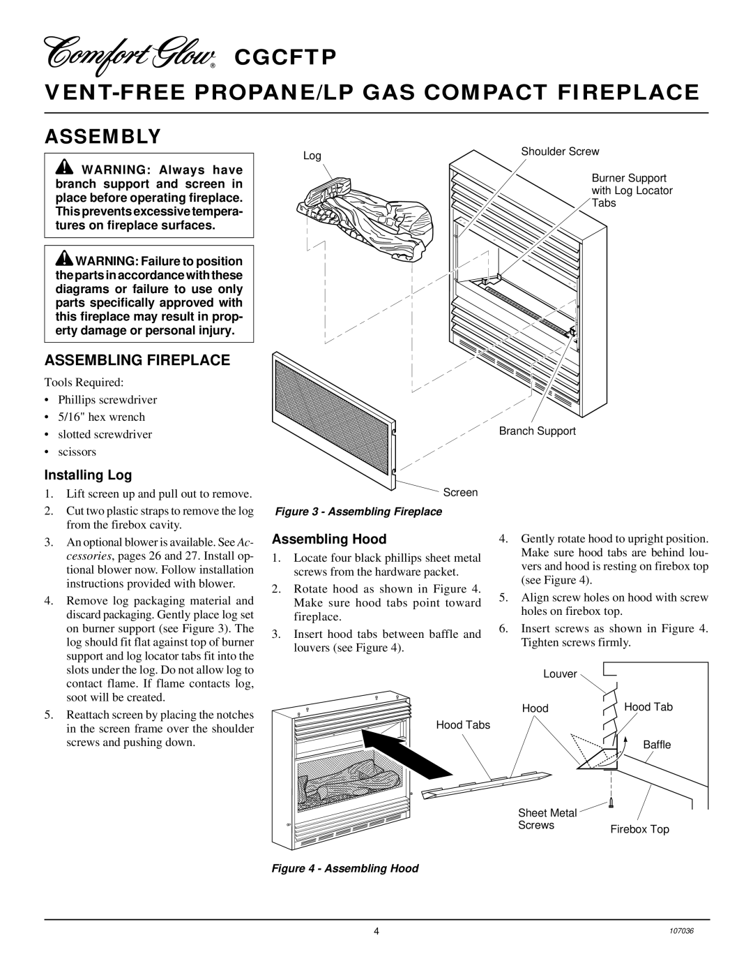 Desa CGCFTP installation manual Assembly, Assembling Fireplace, Installing Log, Assembling Hood 