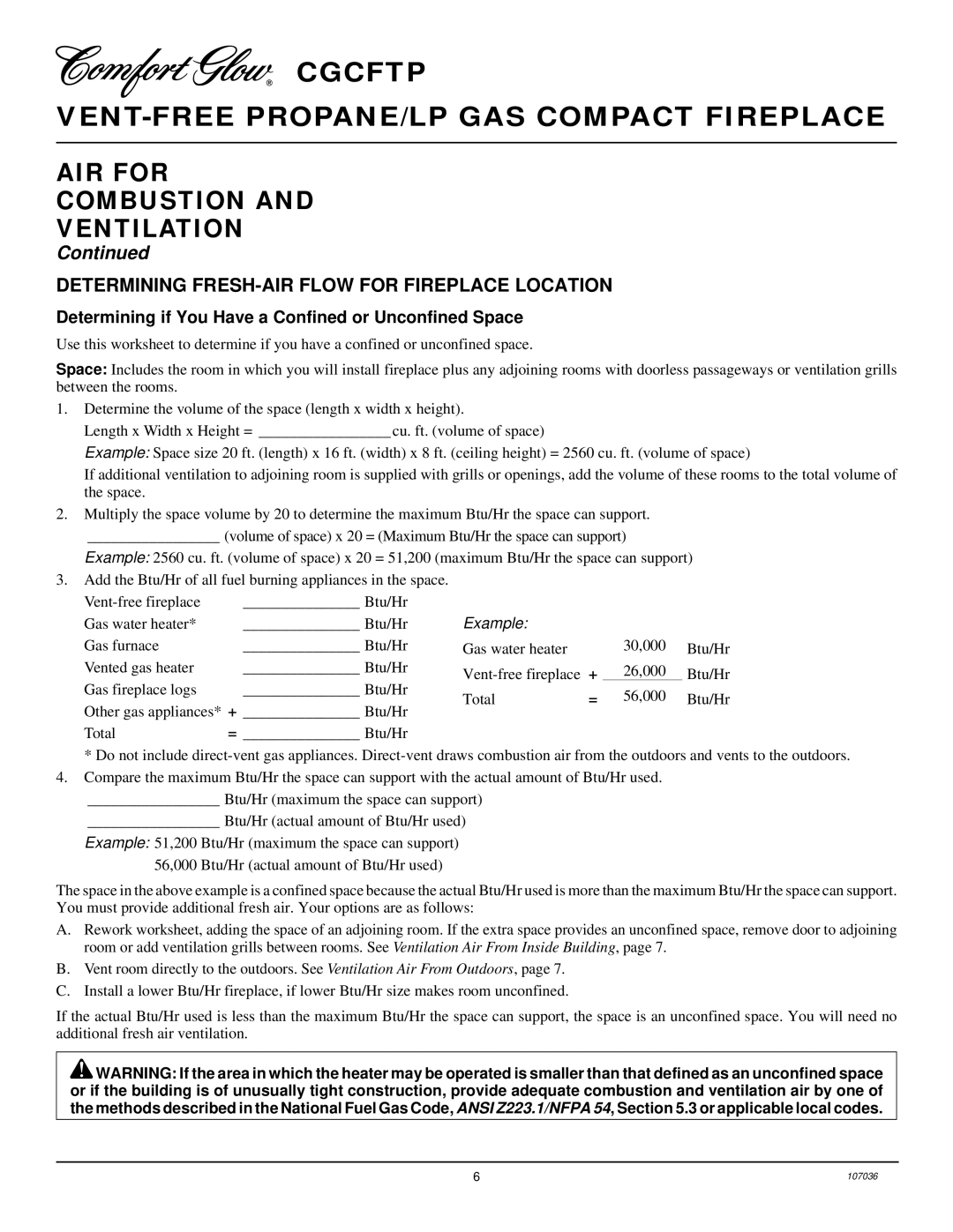 Desa CGCFTP installation manual AIR for Combustion Ventilation, Determining FRESH-AIR Flow for Fireplace Location 