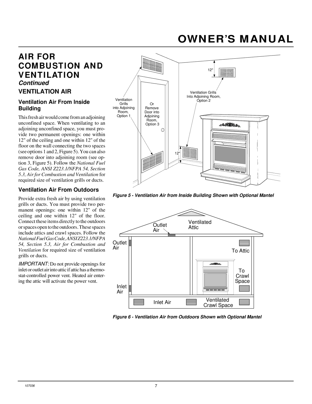 Desa CGCFTP installation manual Ventilation AIR, Ventilation Air From Inside Building, Ventilation Air From Outdoors 