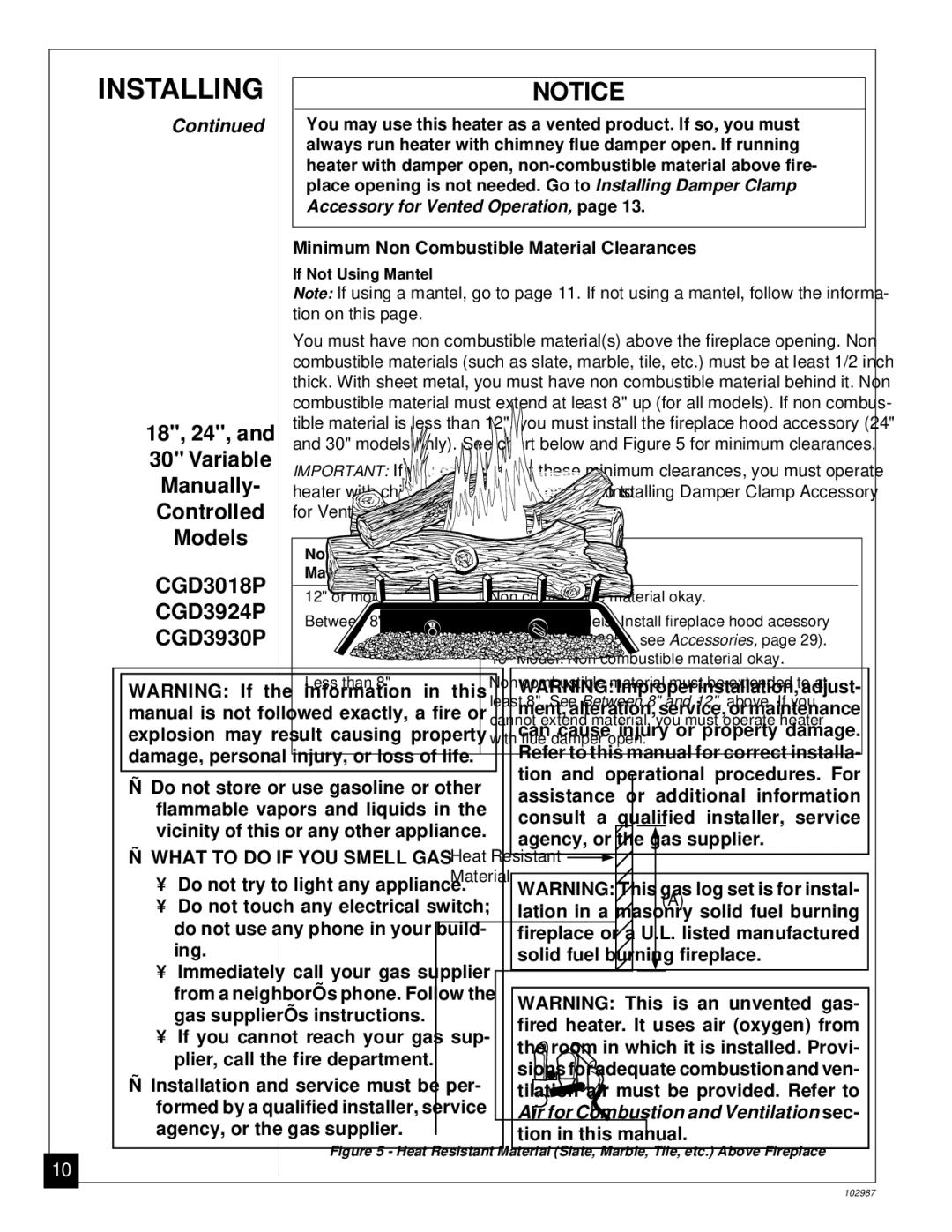 Desa CGD3018P installation manual Minimum Non Combustible Material Clearances 