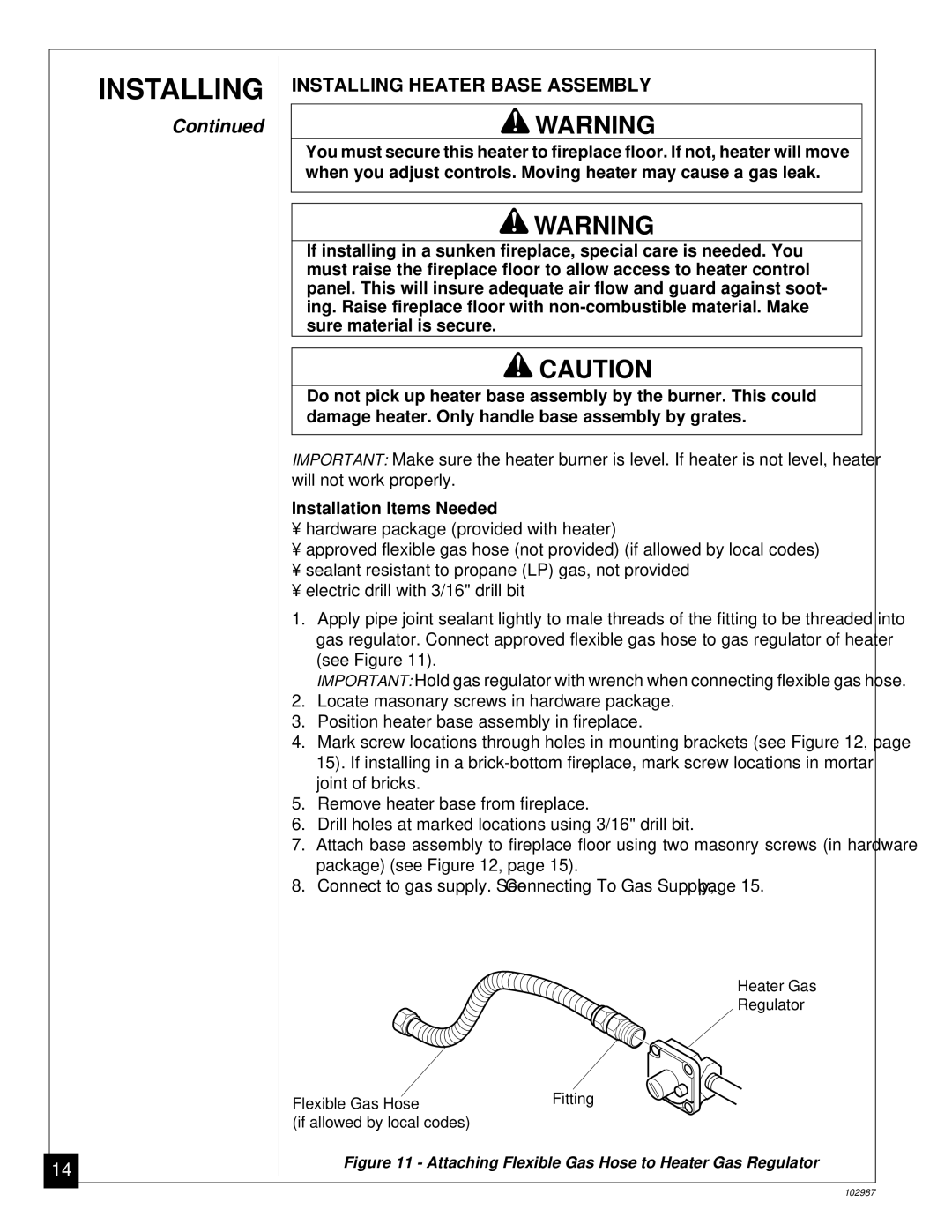 Desa CGD3018P installation manual Installing Heater Base Assembly, Installation Items Needed 