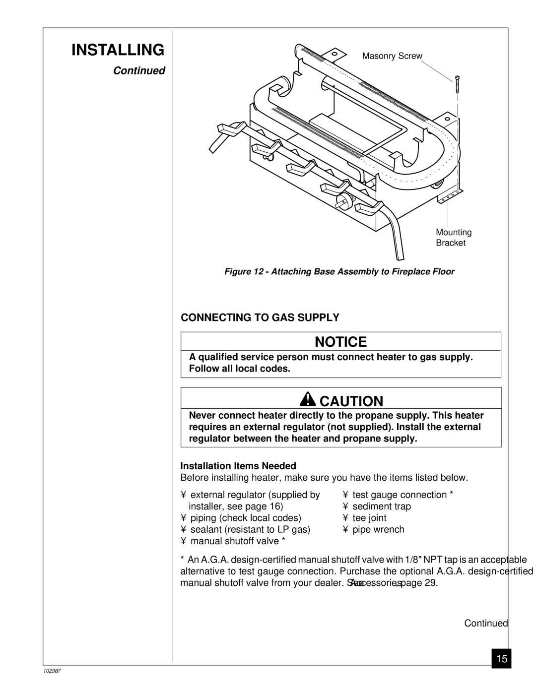 Desa CGD3018P installation manual Connecting to GAS Supply, Attaching Base Assembly to Fireplace Floor 