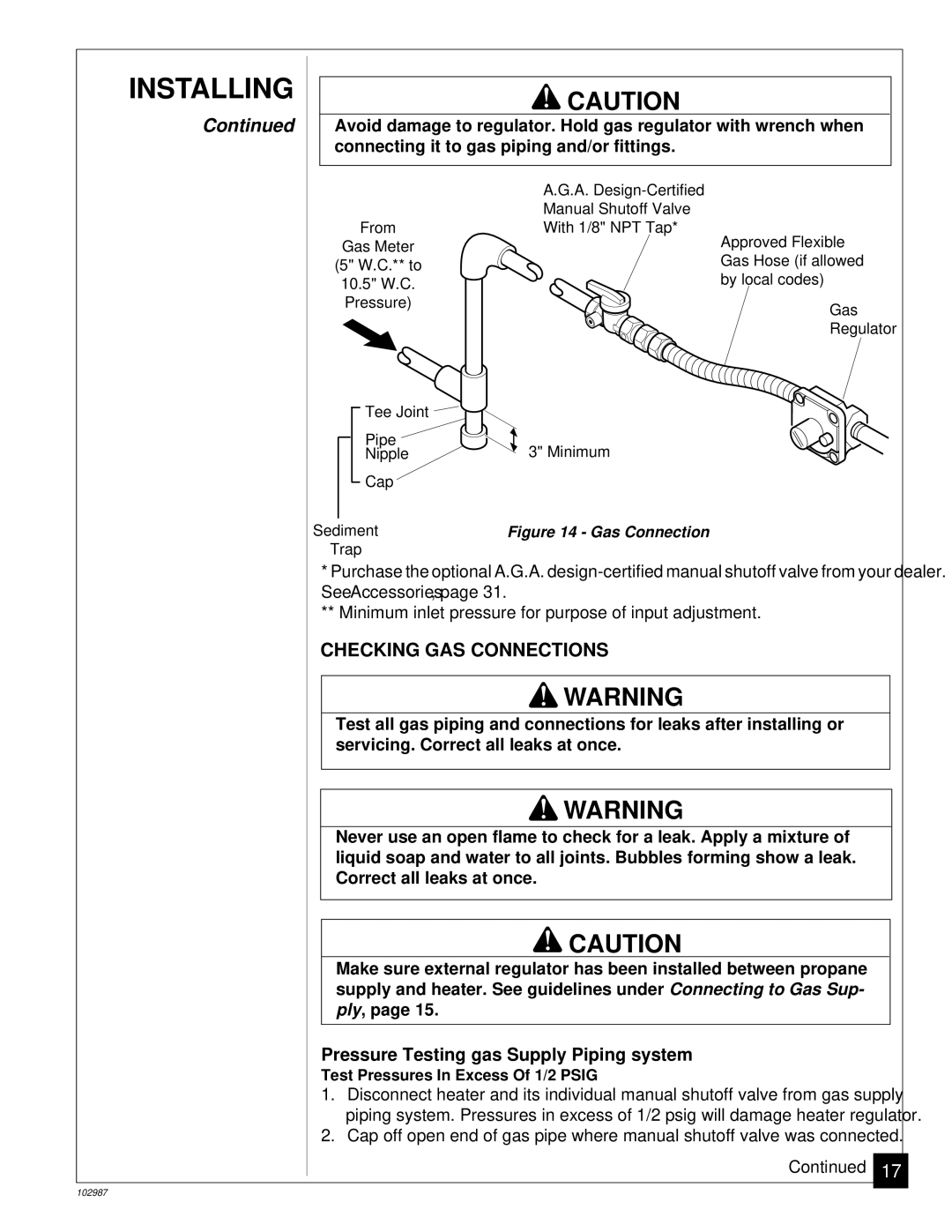 Desa CGD3018P installation manual Checking GAS Connections, Pressure Testing gas Supply Piping system 