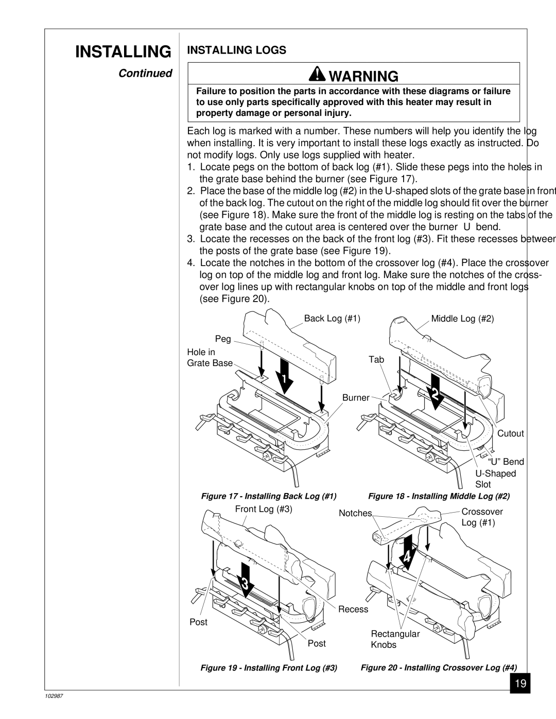 Desa CGD3018P installation manual Installing Logs, Installing Back Log #1 