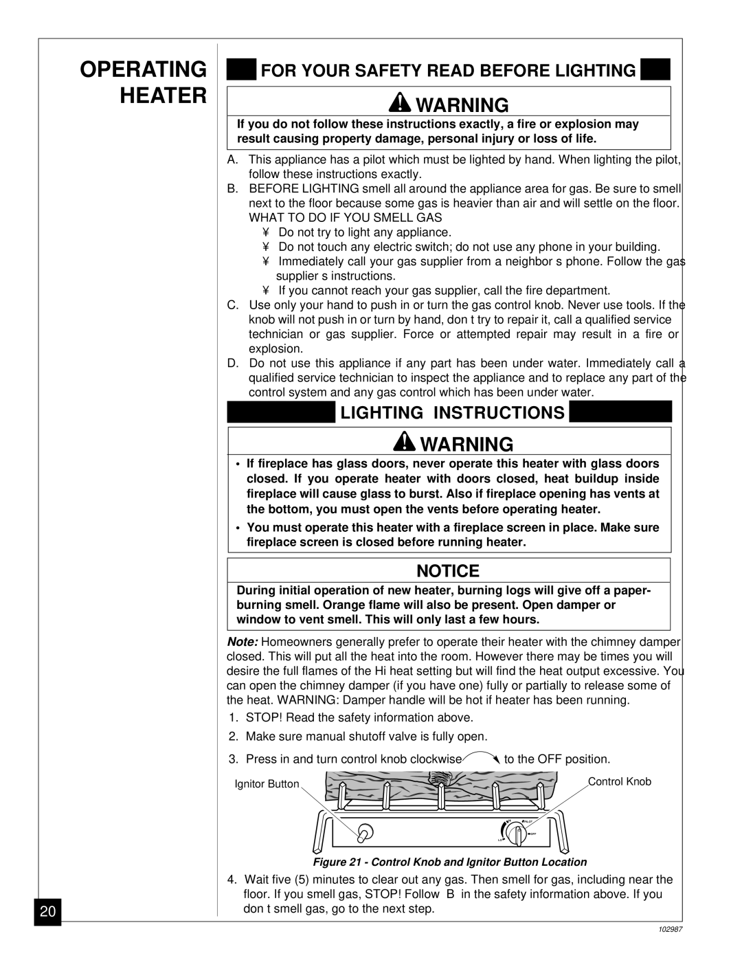 Desa CGD3018P installation manual Operating Heater 