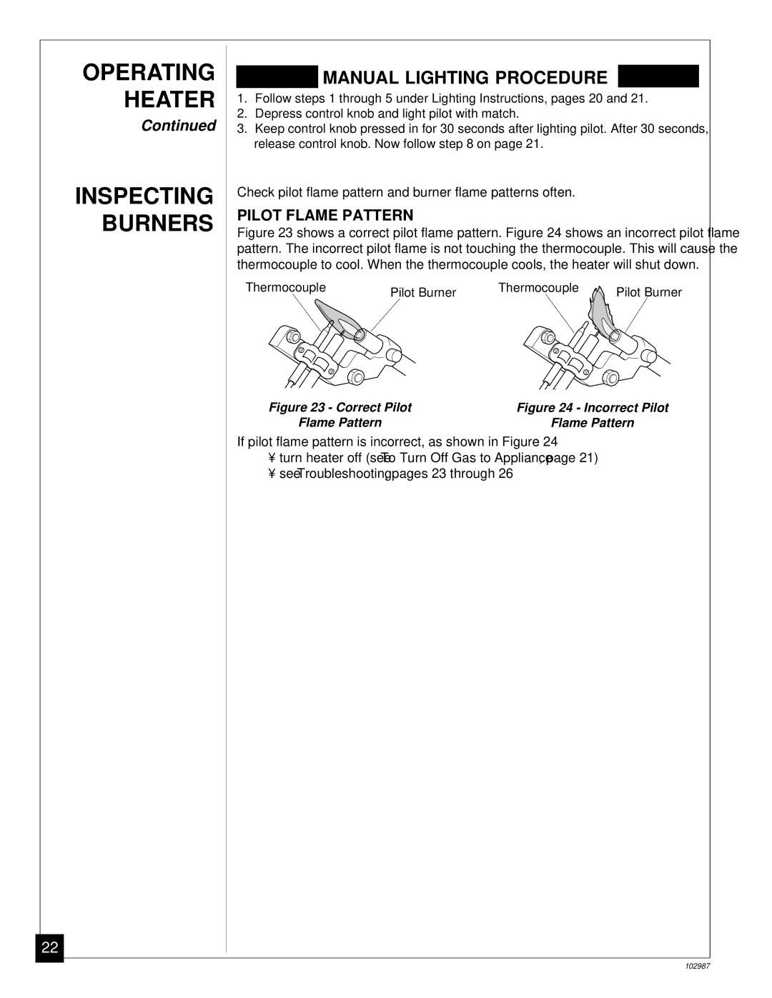 Desa CGD3018P installation manual Operating Heater Inspecting Burners, Pilot Flame Pattern 