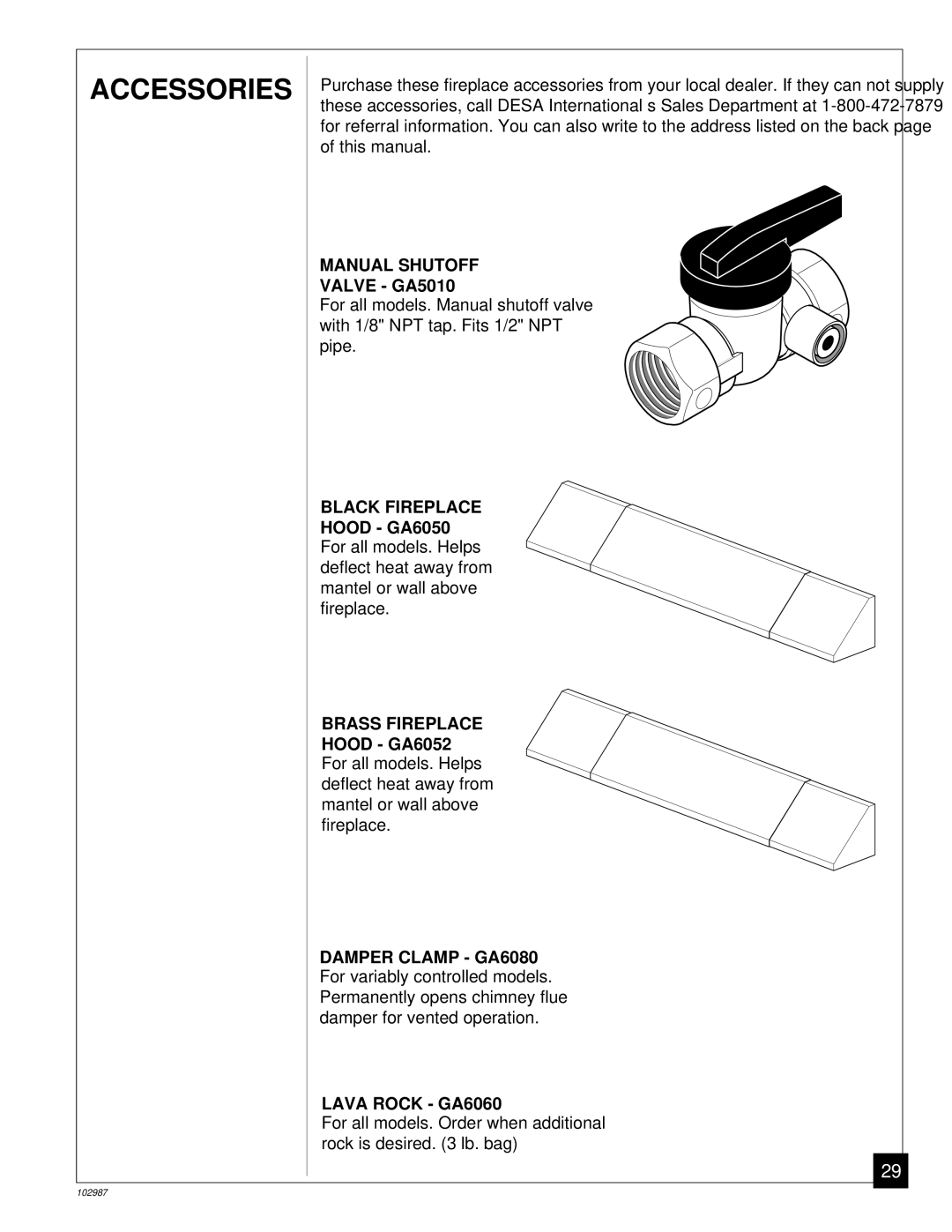 Desa CGD3018P installation manual Accessories, Valve GA5010, Hood GA6050, Hood GA6052 