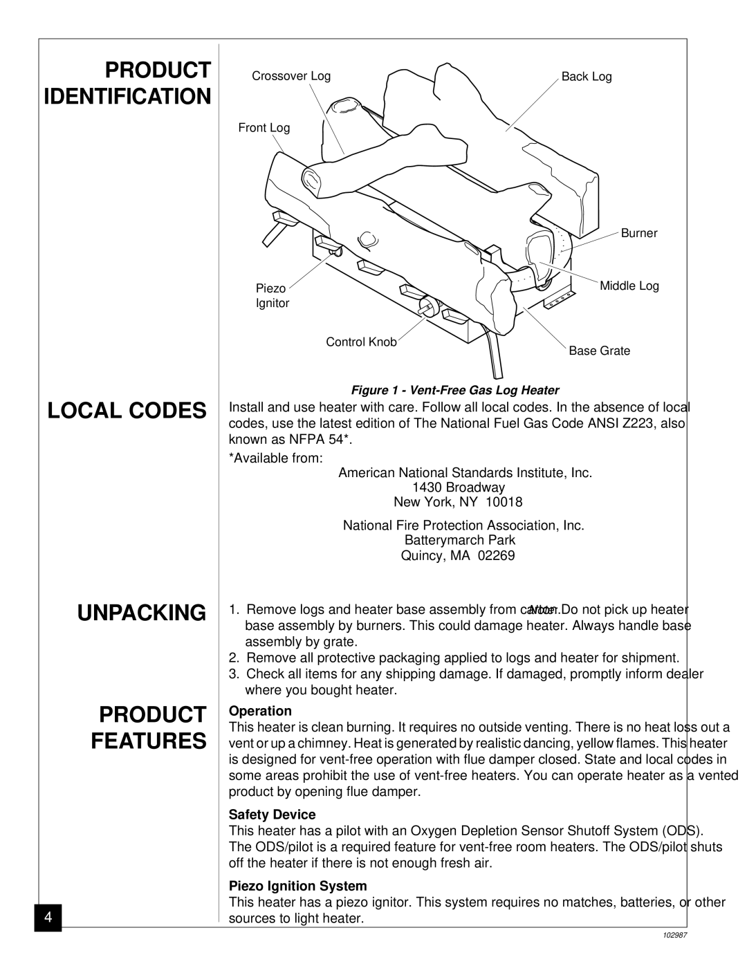 Desa CGD3018P installation manual Local Codes Unpacking Product Features, Operation, Safety Device, Piezo Ignition System 