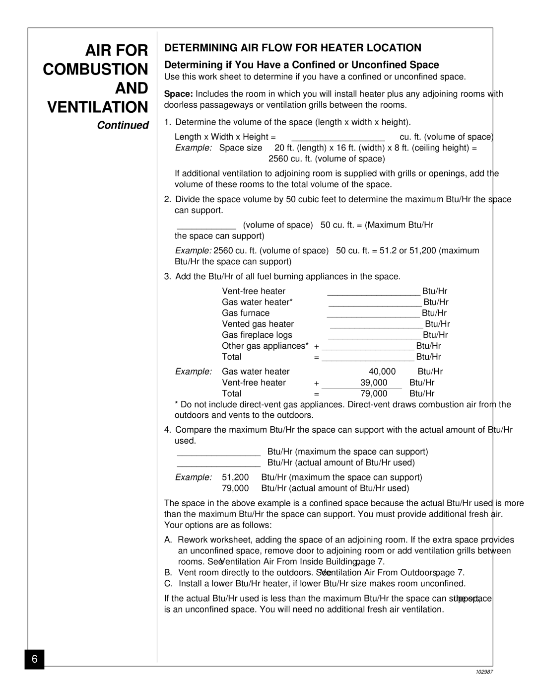 Desa CGD3018P Determining AIR Flow for Heater Location, Determining if You Have a Confined or Unconfined Space 