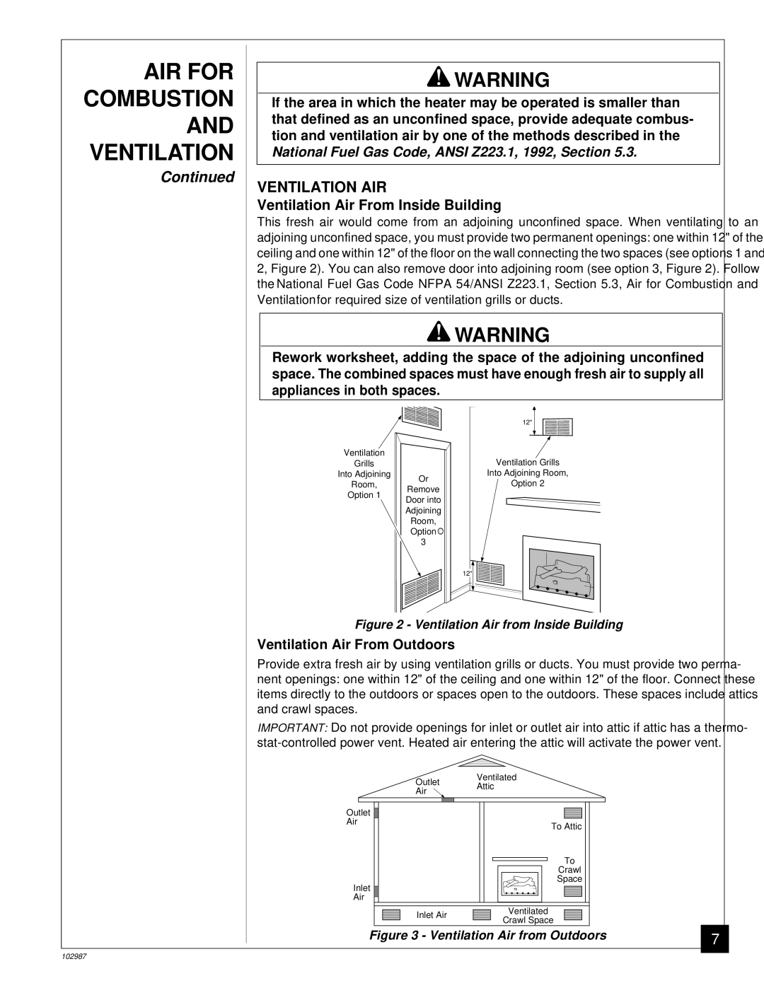 Desa CGD3018P installation manual Ventilation AIR, Ventilation Air From Inside Building, Ventilation Air From Outdoors 