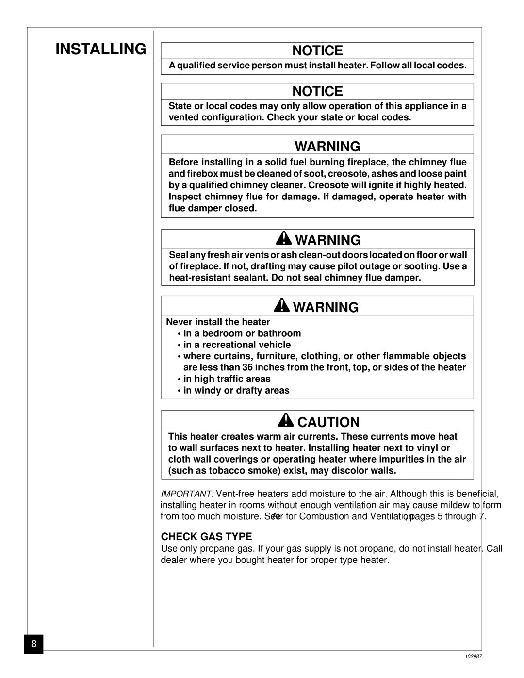 Desa CGD3018P installation manual Installing, Check GAS Type, High traffic areas Windy or drafty areas 