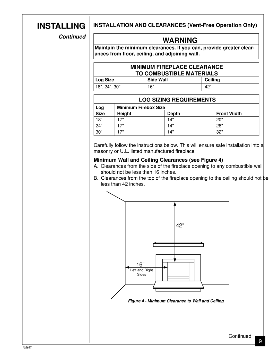 Desa CGD3018P Minimum Fireplace Clearance, LOG Sizing Requirements, Minimum Wall and Ceiling Clearances see Figure 