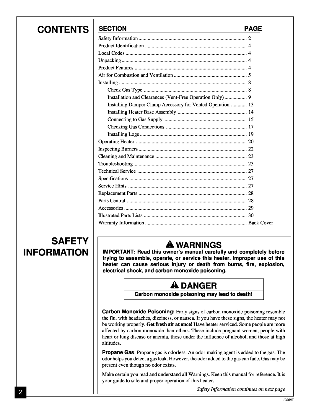 Desa CGD3018P Contents Safety Information, Warnings, Danger, Carbon monoxide poisoning may lead to death 