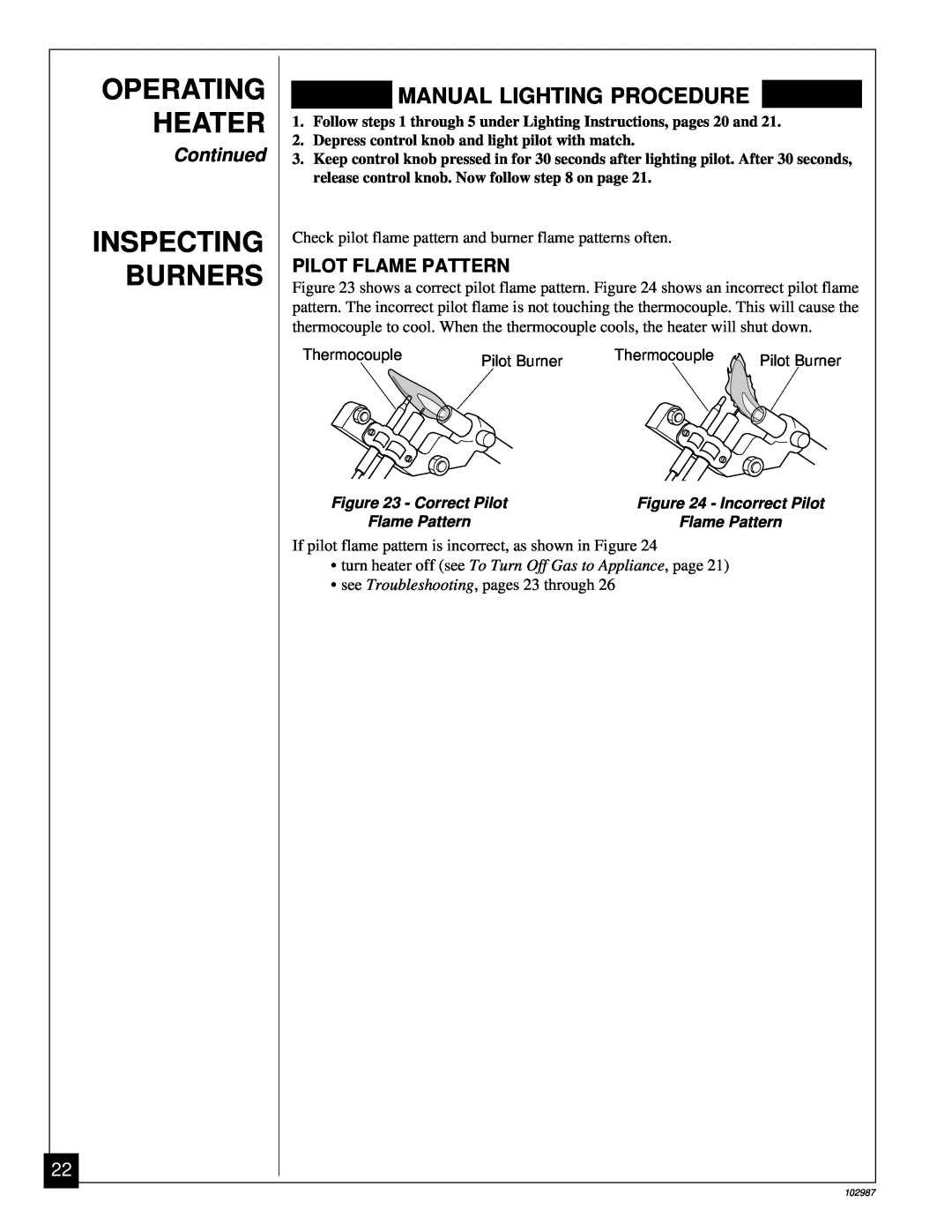 Desa CGD3018P installation manual Inspecting Burners, Manual Lighting Procedure, Operating Heater, Continued 