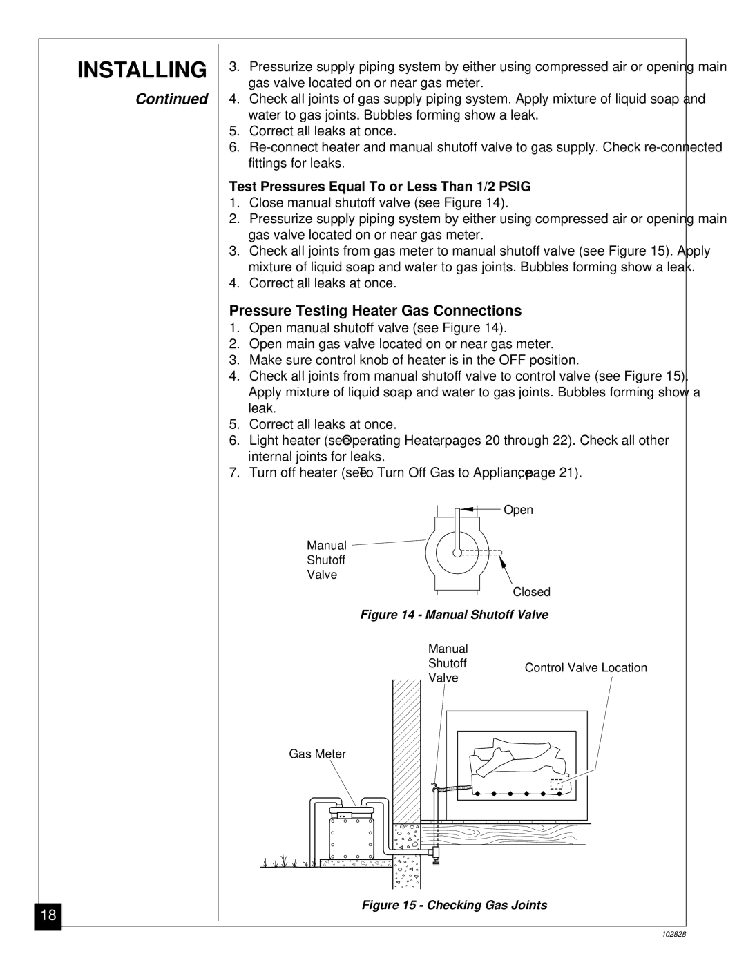 Desa CGD3924N installation manual Pressure Testing Heater Gas Connections, Test Pressures Equal To or Less Than 1/2 Psig 