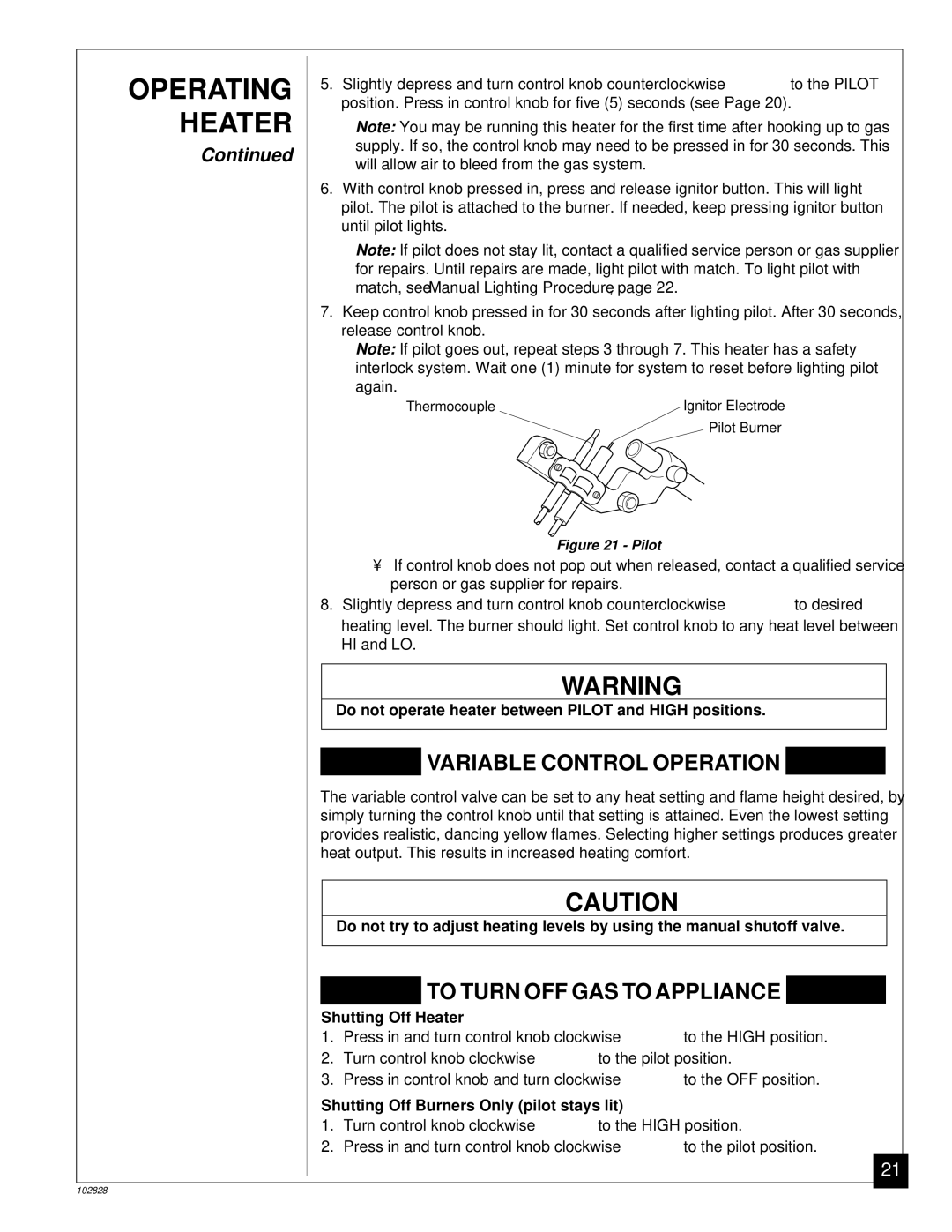 Desa CGD3924N installation manual Heater, Operating 