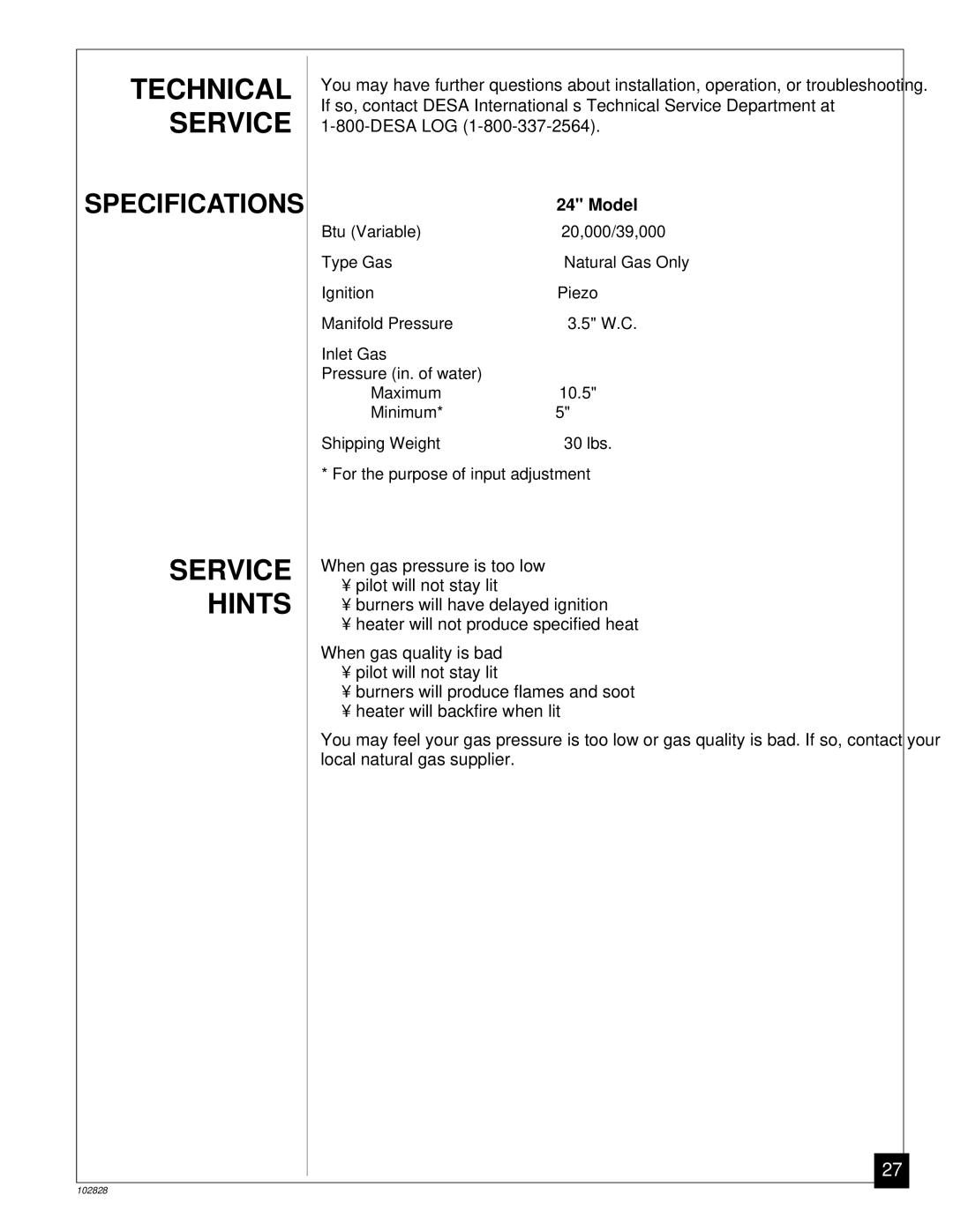 Desa CGD3924N installation manual Technical Service, Service Hints, Model 