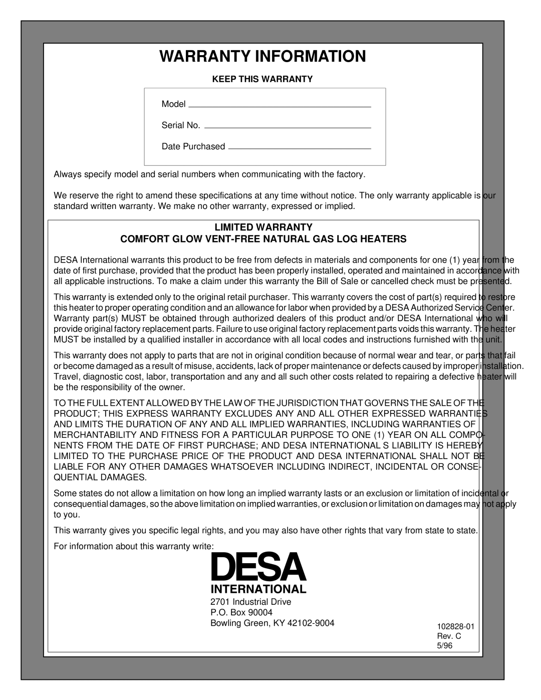 Desa CGD3924N installation manual Warranty Information, Keep this Warranty 