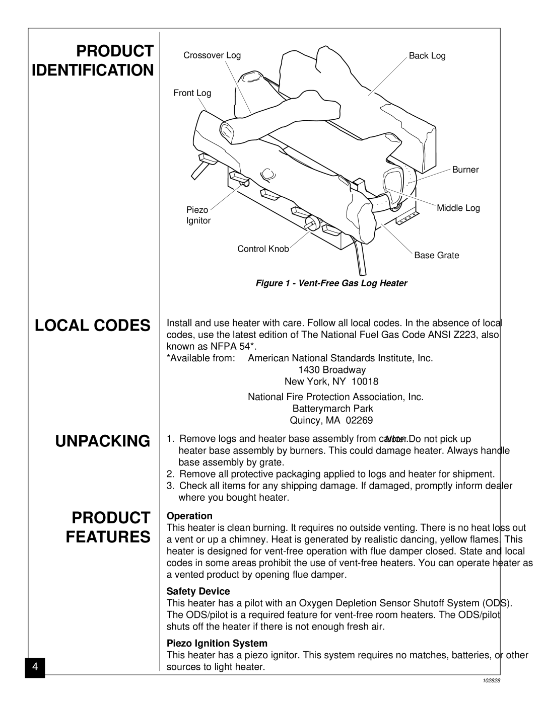 Desa CGD3924N installation manual Local Codes Unpacking Product Features, Operation, Safety Device, Piezo Ignition System 