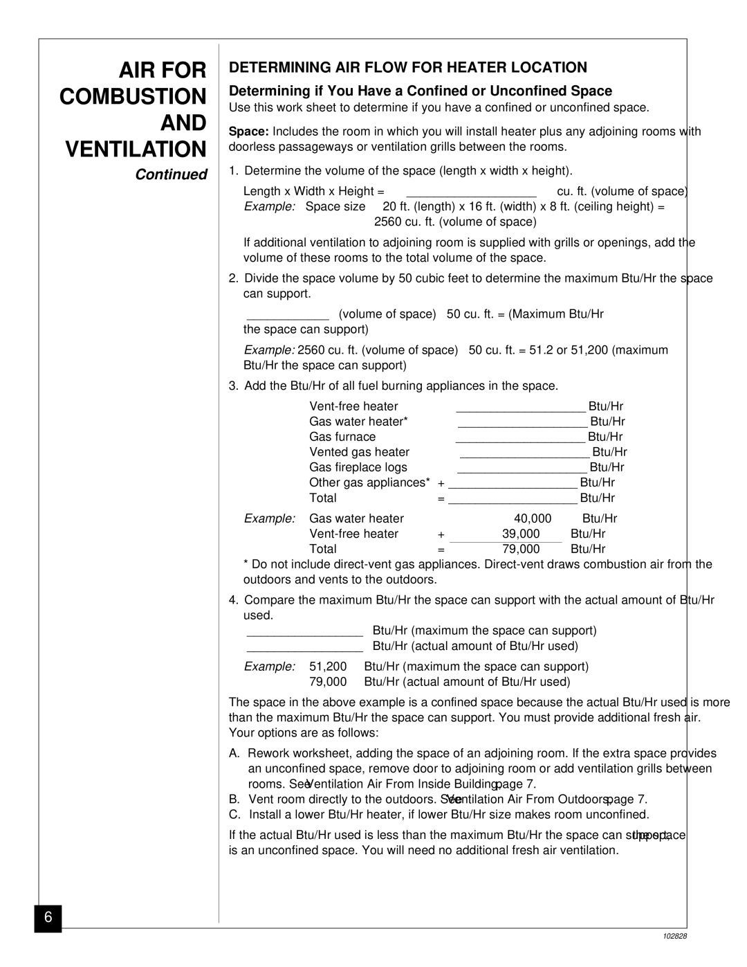 Desa CGD3924N installation manual AIR for Combustion and Ventilation, Determining AIR Flow for Heater Location 