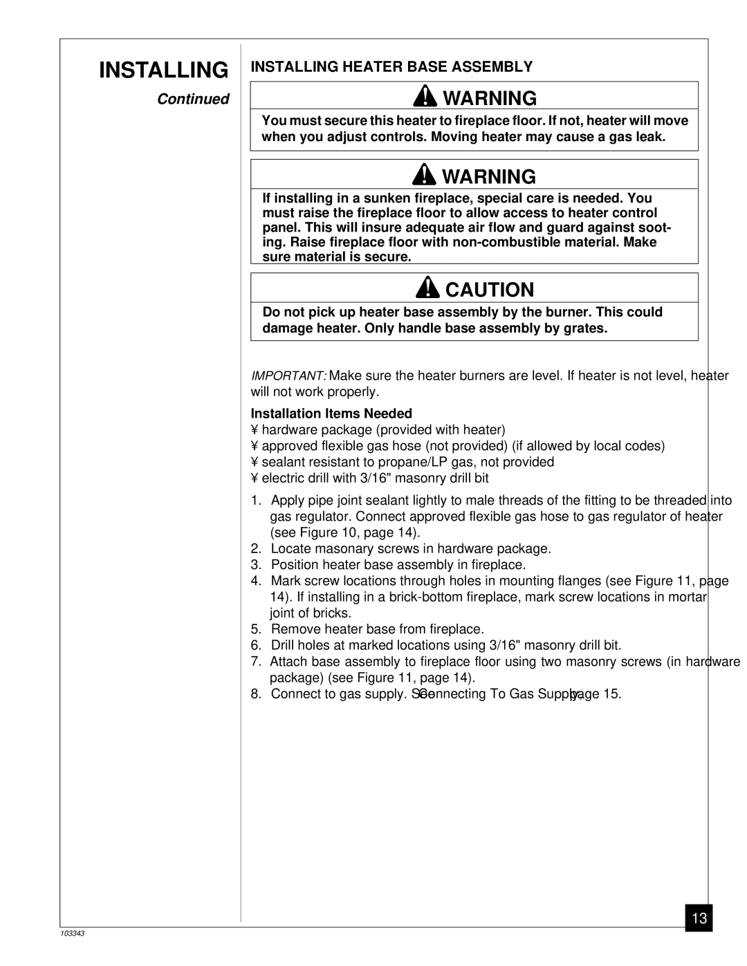 Desa CGD3924NR installation manual Installing Heater Base Assembly, Installation Items Needed 