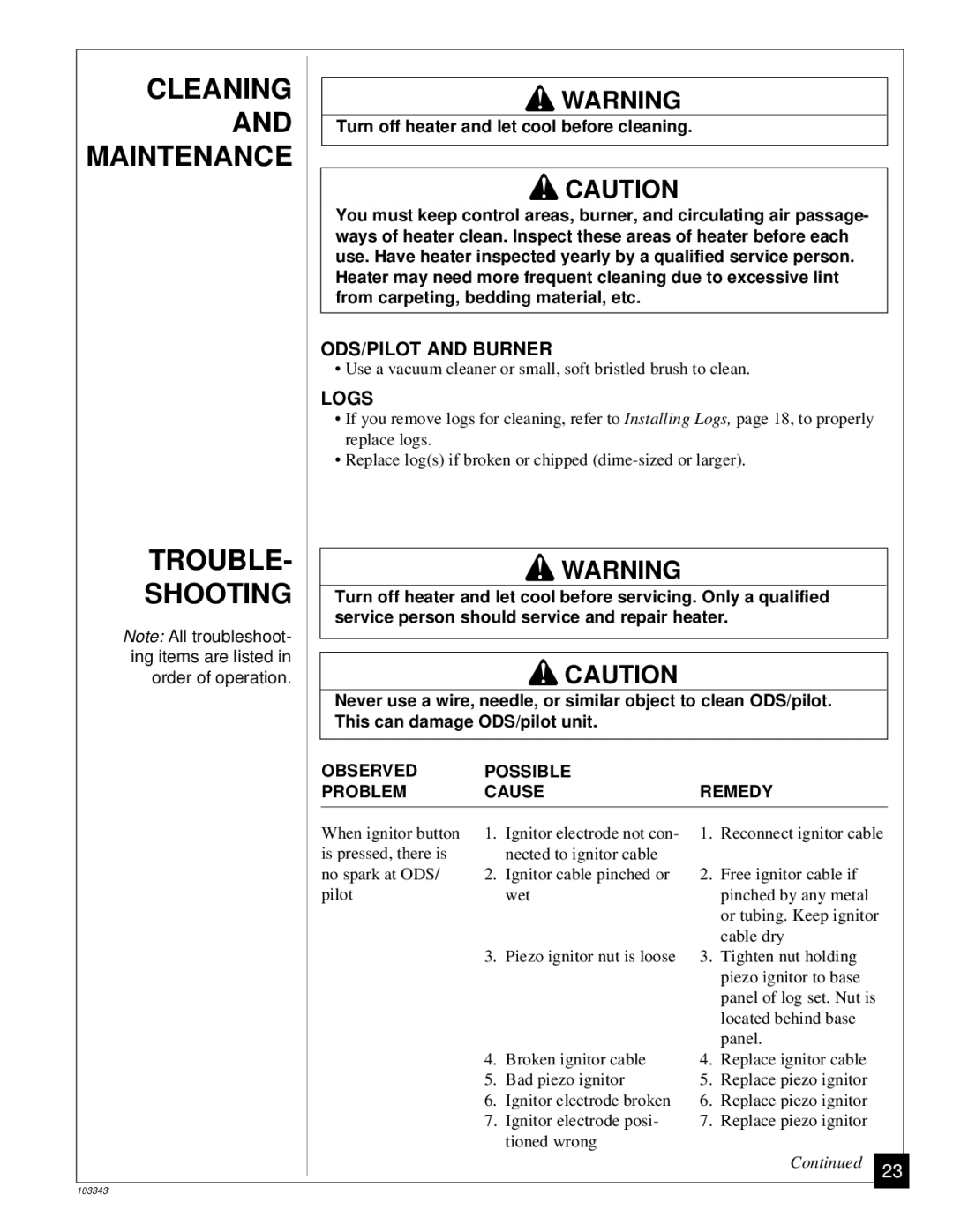 Desa CGD3924NR installation manual Cleaning, Maintenance, Trouble Shooting, ODS/PILOT and Burner, Logs 