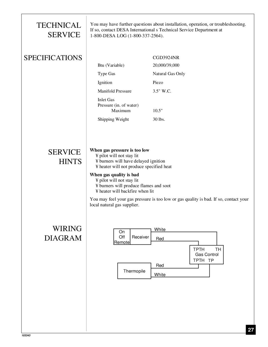 Desa CGD3924NR installation manual Technical Service, Service Hints, Wiring Diagram 