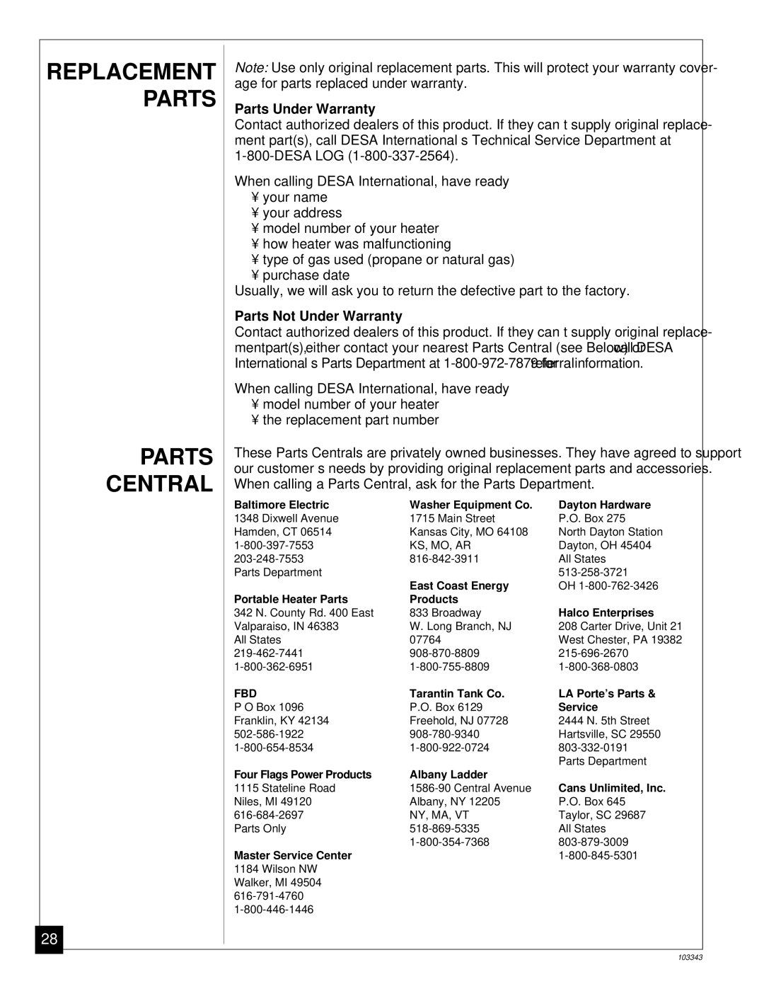 Desa CGD3924NR installation manual Parts Central, Parts Under Warranty, Parts Not Under Warranty 