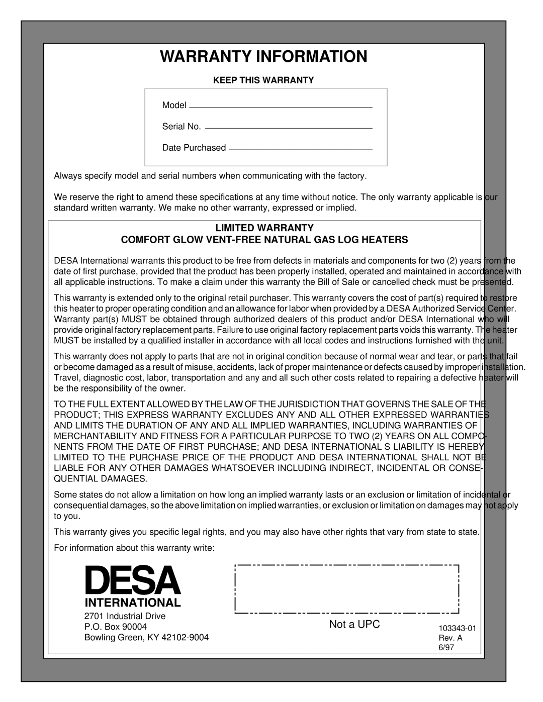 Desa CGD3924NR installation manual Warranty Information, Keep this Warranty 