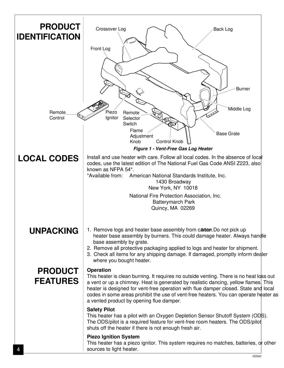 Desa CGD3924NR installation manual Local Codes Unpacking Product Features, Operation, Safety Pilot, Piezo Ignition System 