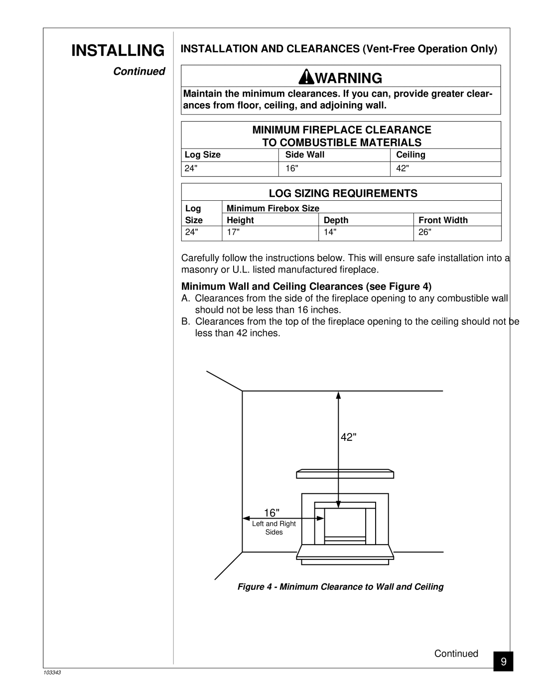 Desa CGD3924NR Minimum Fireplace Clearance, LOG Sizing Requirements, Minimum Wall and Ceiling Clearances see Figure 