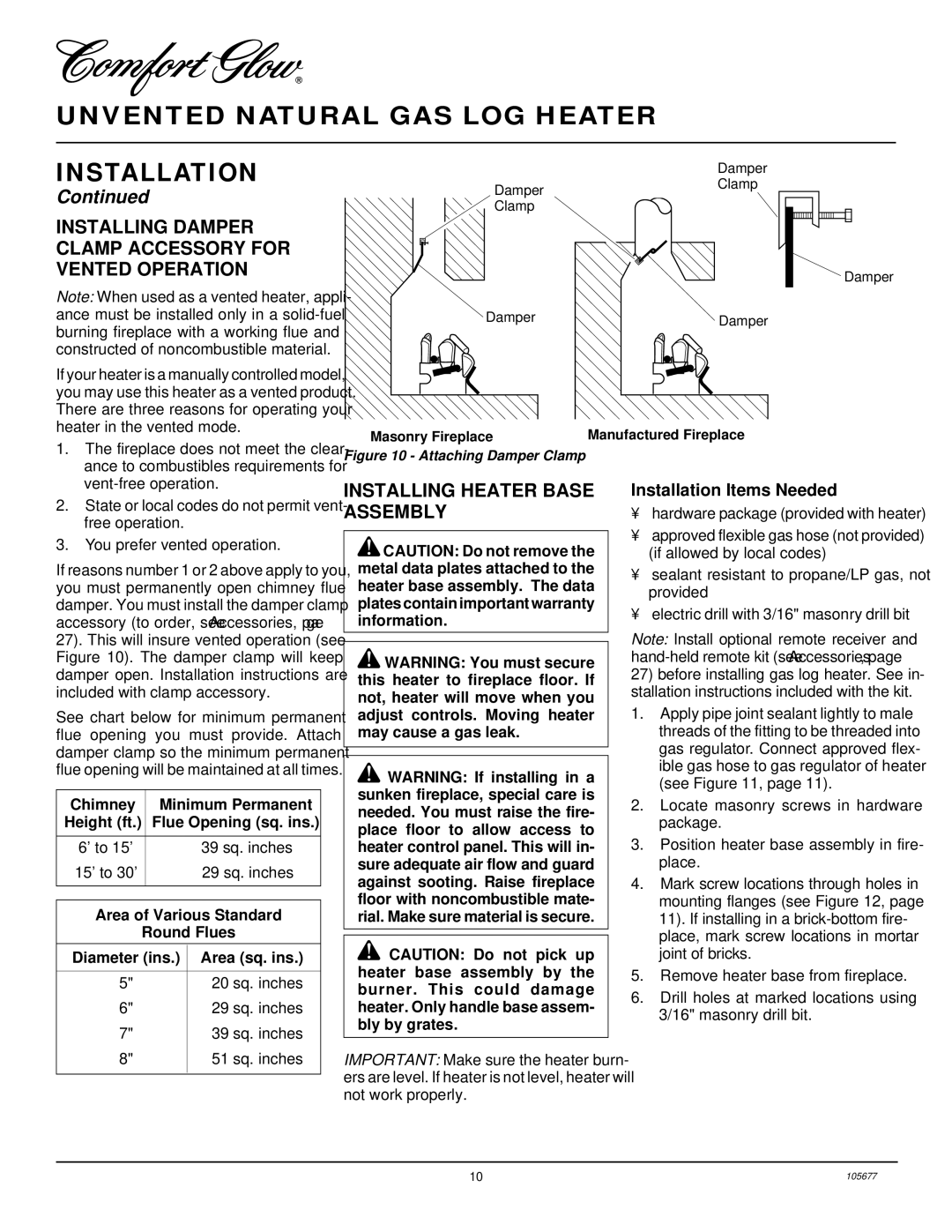 Desa CGB3924NRA, CGD3924NRA Installing Damper Clamp Accessory for Vented Operation, Installing Heater Base Assembly 