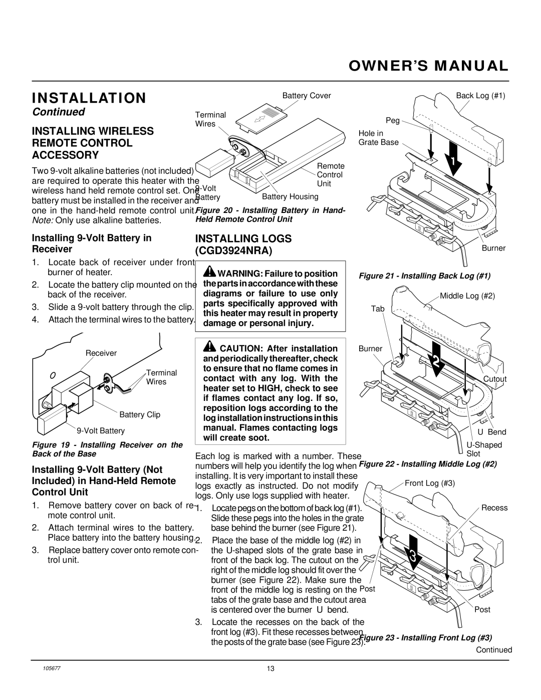 Desa CGB3924NRA, CGB3930NRA installation manual Installing Wireless Remote Control Accessory, Installing Logs CGD3924NRA 