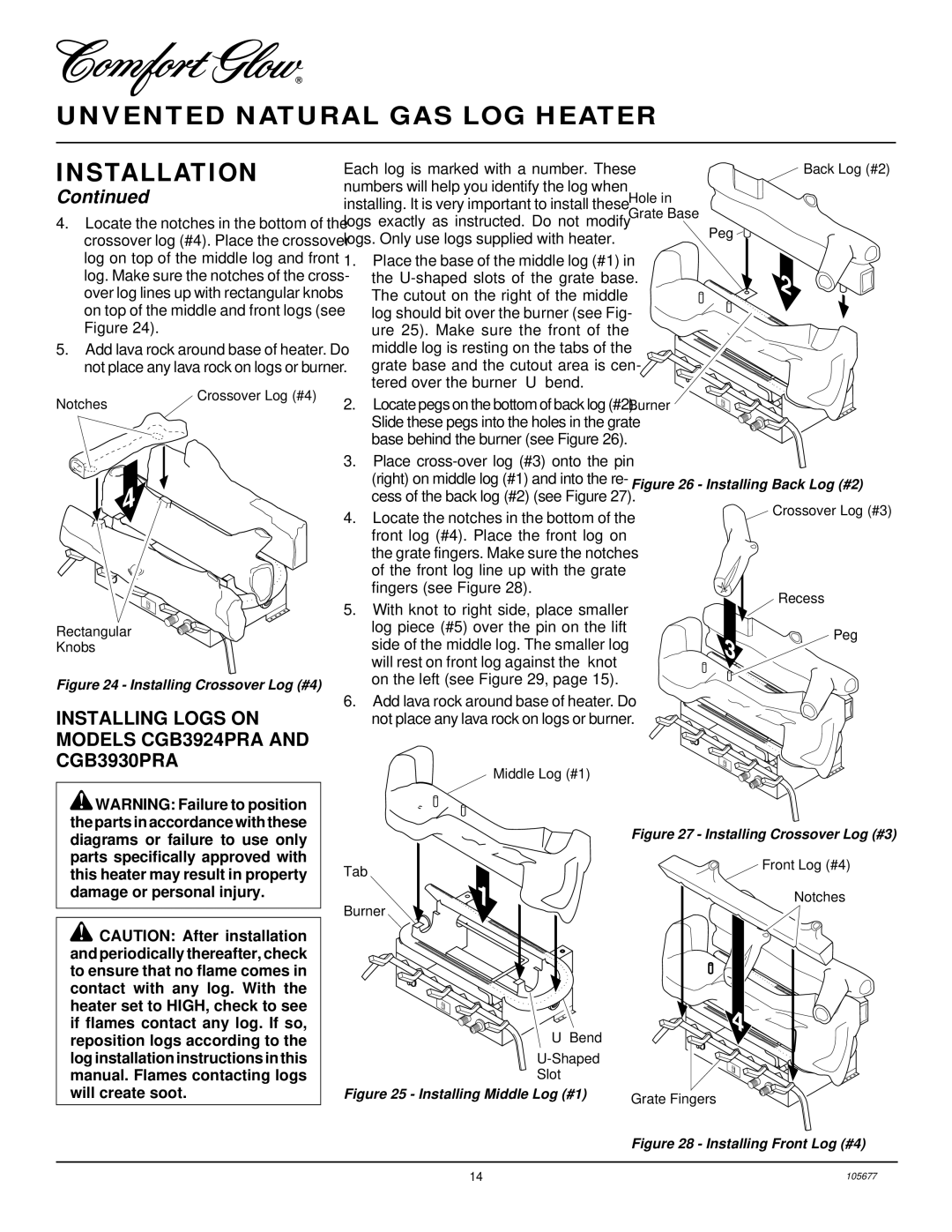 Desa CGB3930NRA, CGD3924NRA, CGB3924NRA Installing Logs on Models CGB3924PRA and CGB3930PRA, Tered over the burner U bend 