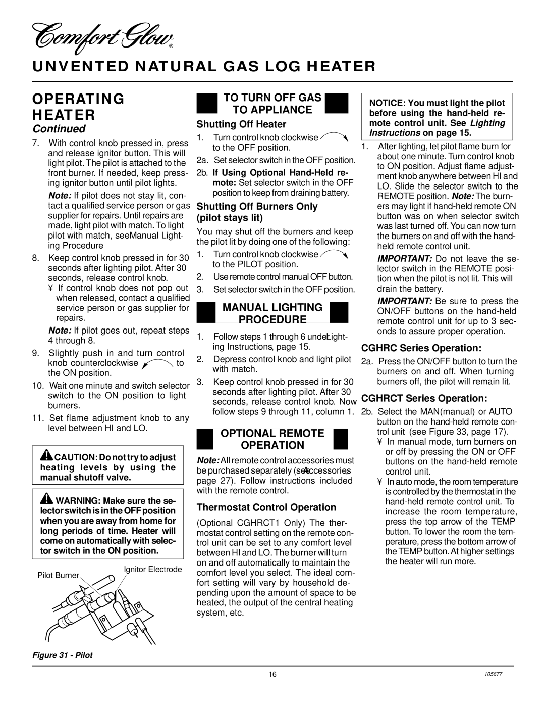 Desa CGB3924NRA Unvented Natural GAS LOG Heater Operating, To Turn OFF GAS To Appliance, Manual Lighting Procedure 