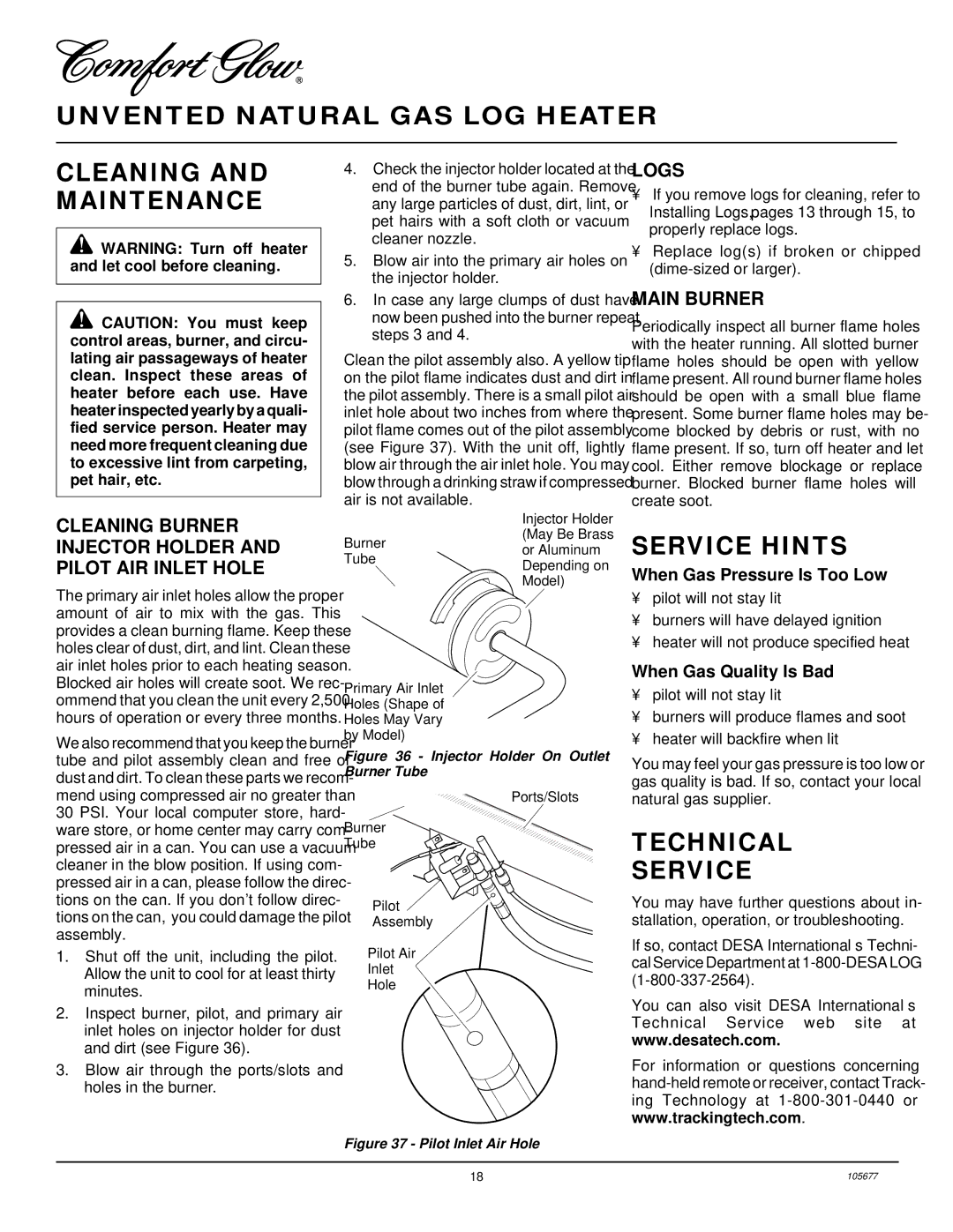 Desa CGD3924NRA Unvented Natural GAS LOG Heater Cleaning and Maintenance, Service Hints, Technical Service, Logs 