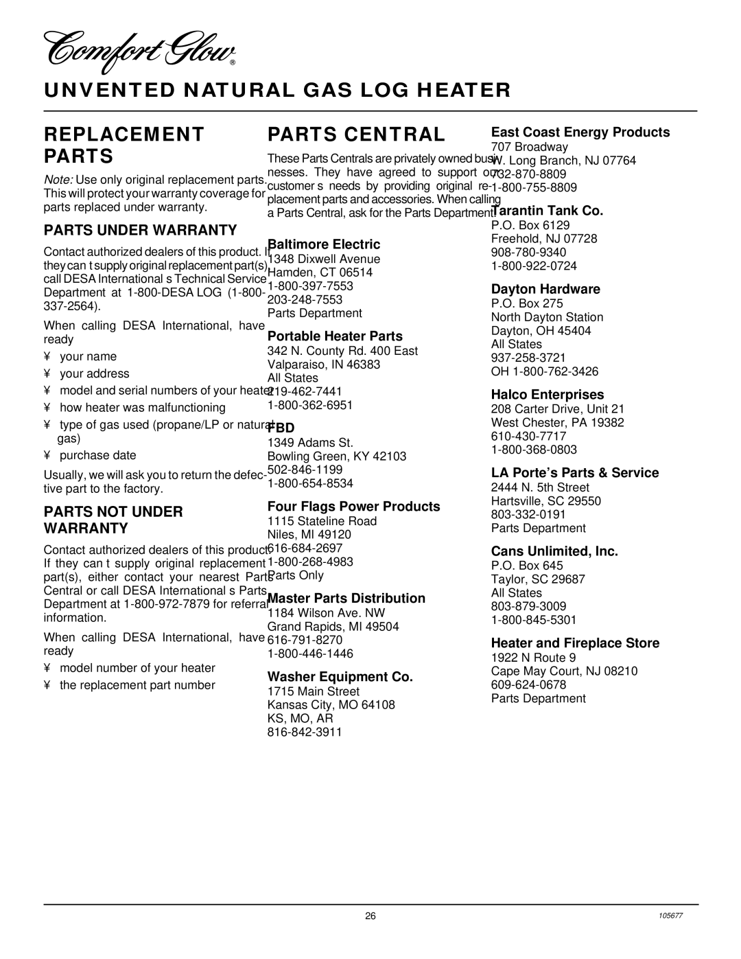 Desa CGB3930NRA, CGD3924NRA Unvented Natural GAS LOG Heater Replacement Parts, Parts Central, Parts Under Warranty 